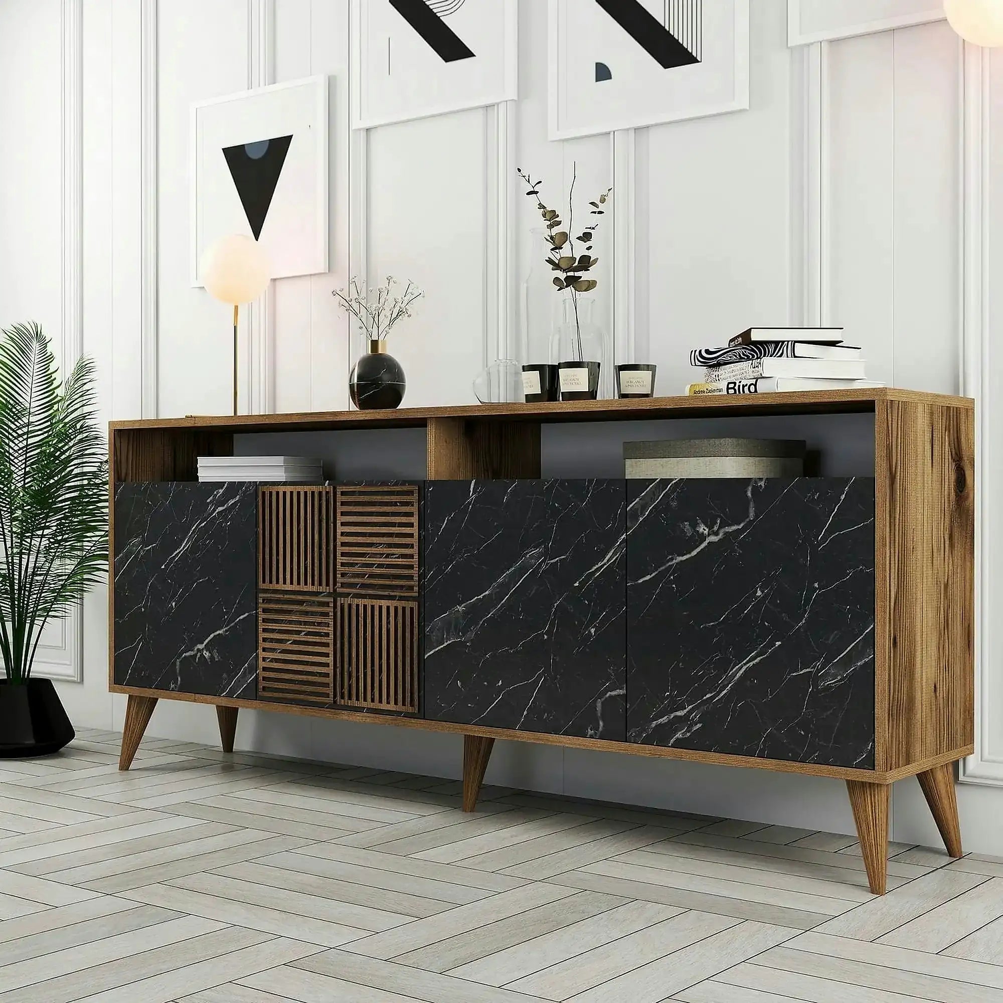 Comoda Milan, nuc/negru, PAL melaminat/plastic, 180x35x79 cm