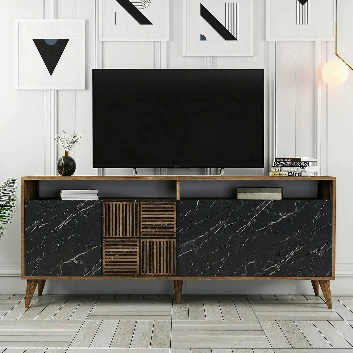 Comoda Milan, nuc/negru, PAL melaminat/plastic, 180x35x79 cm