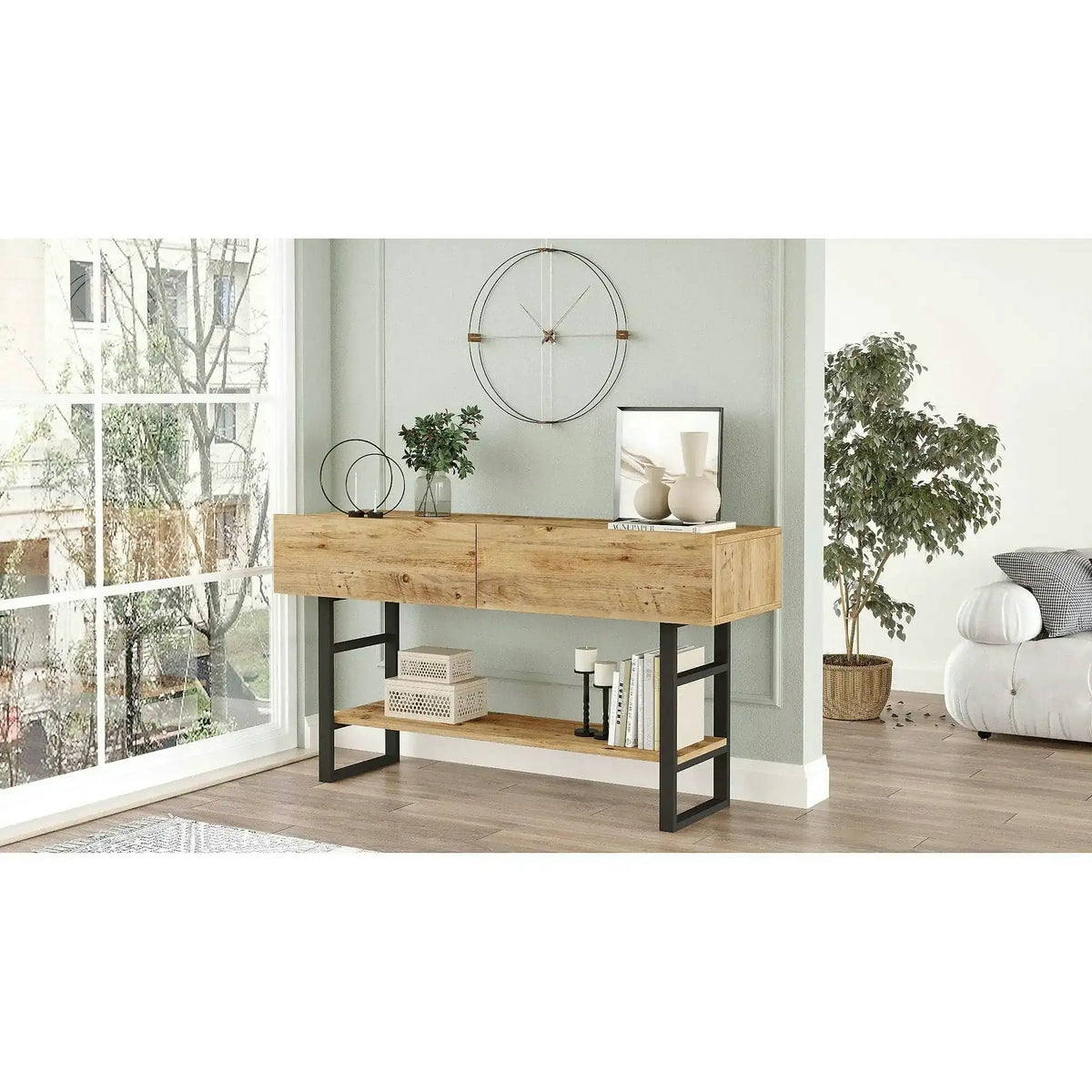 Comoda ML23-A, stejar/negru, PAL melaminat/metal, 139x43x76 cm