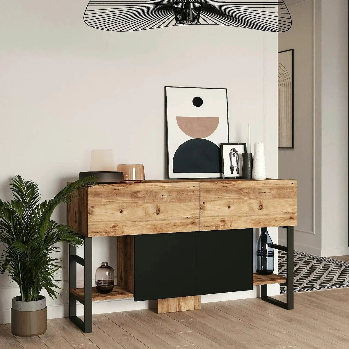 Comoda ML25 - A, pin atlantic/negru, PAL melaminat/metal, 139x43x84 cm