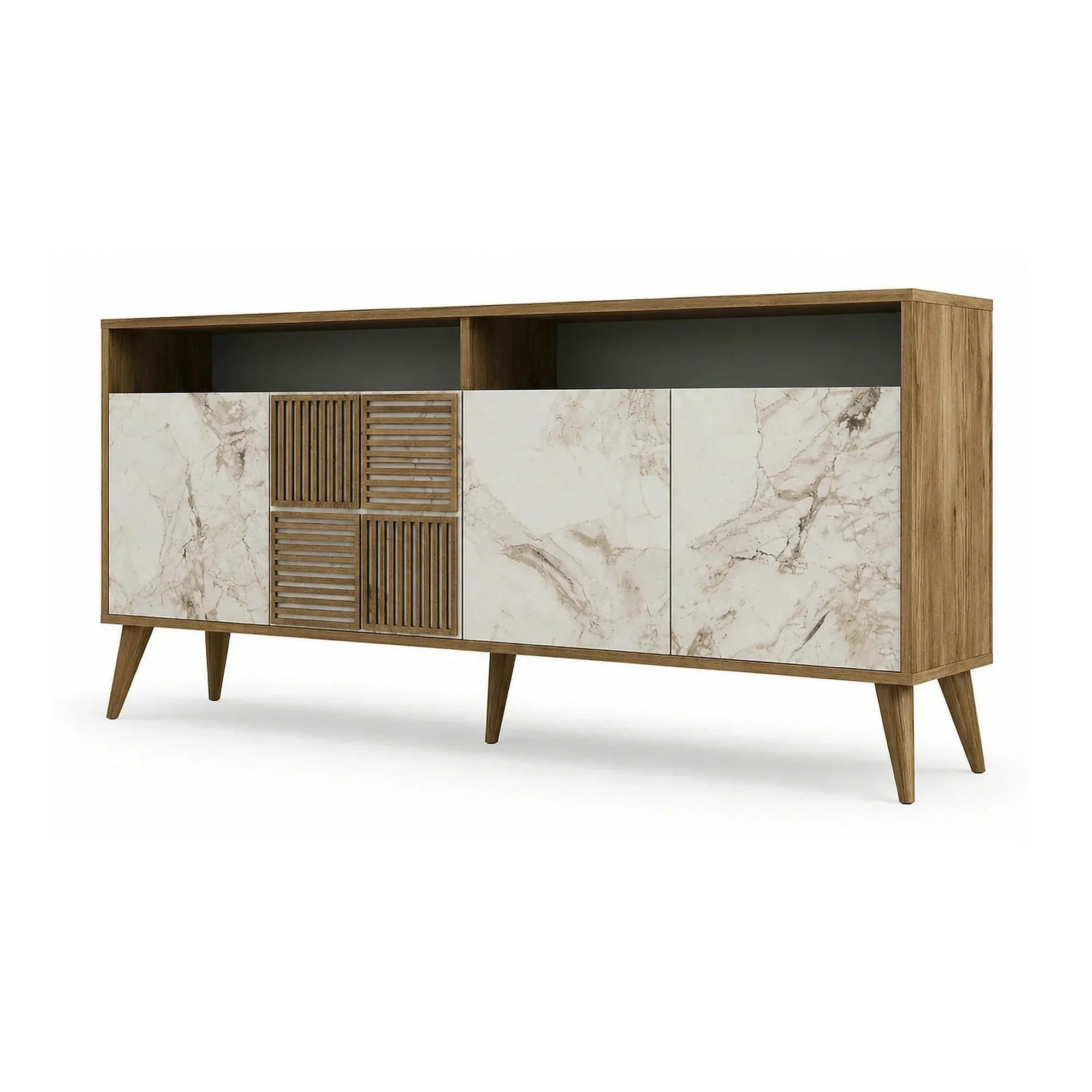 Comoda moderna living MILAN, alun/alb cu efect de marmura, PAL, 180x35x79 cm