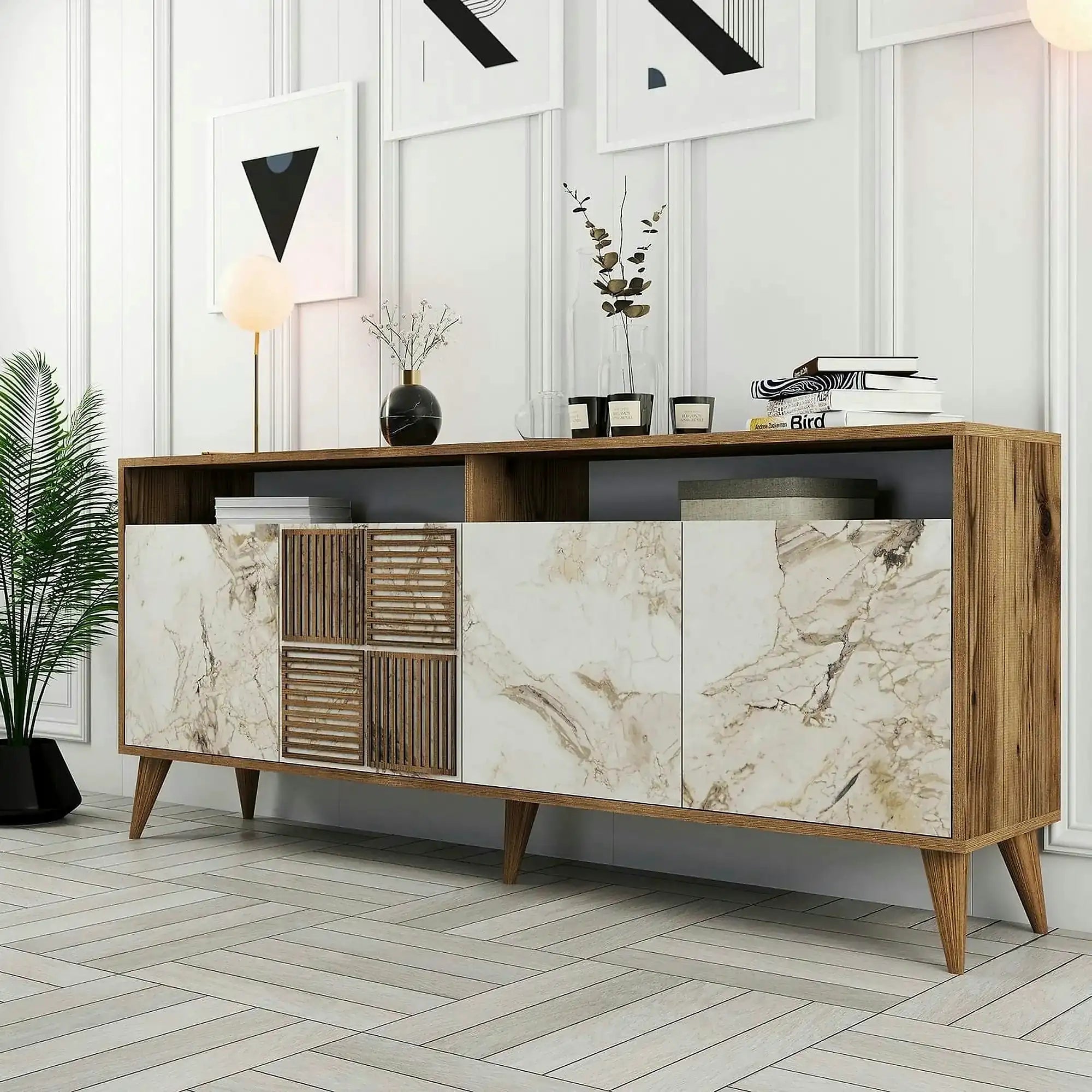 Comoda moderna living MILAN, alun/alb cu efect de marmura, PAL, 180x35x79 cm