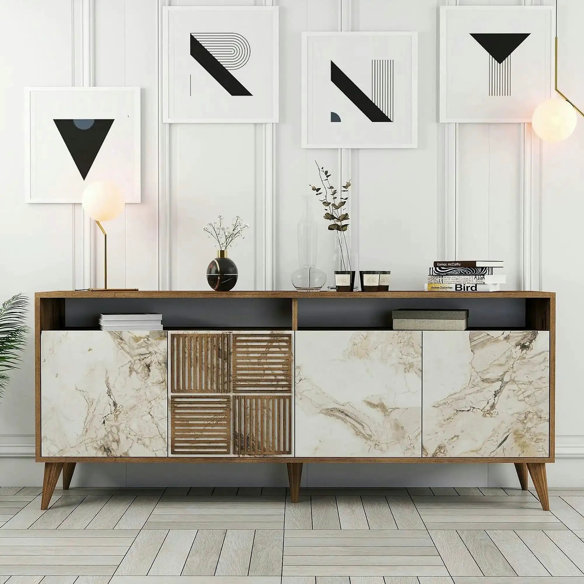 Comoda moderna living MILAN, alun/alb cu efect de marmura, PAL, 180x35x79 cm