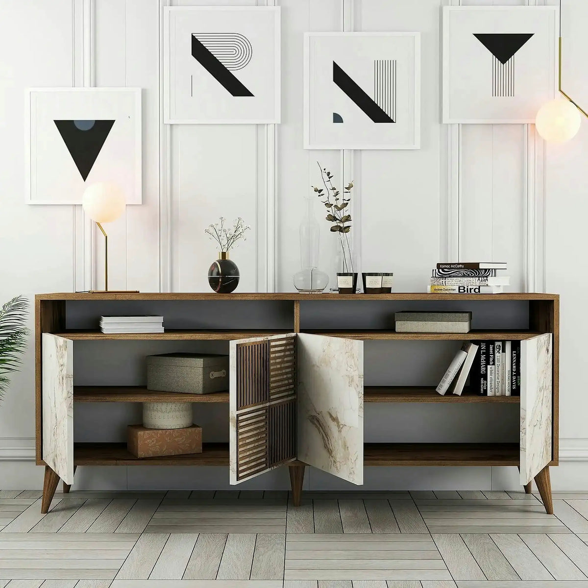 Comoda moderna living MILAN, alun/alb cu efect de marmura, PAL, 180x35x79 cm