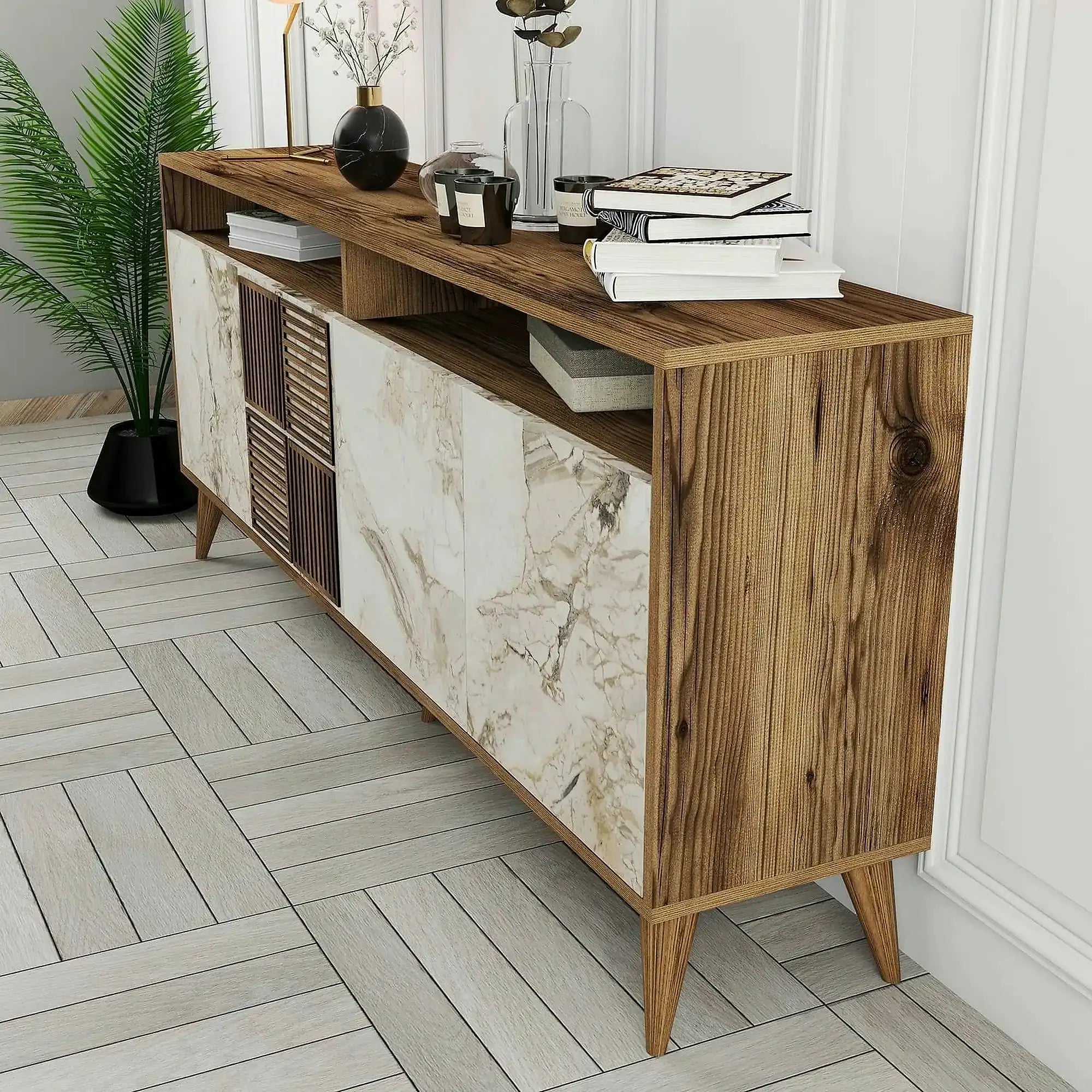 Comoda moderna living MILAN, alun/alb cu efect de marmura, PAL, 180x35x79 cm