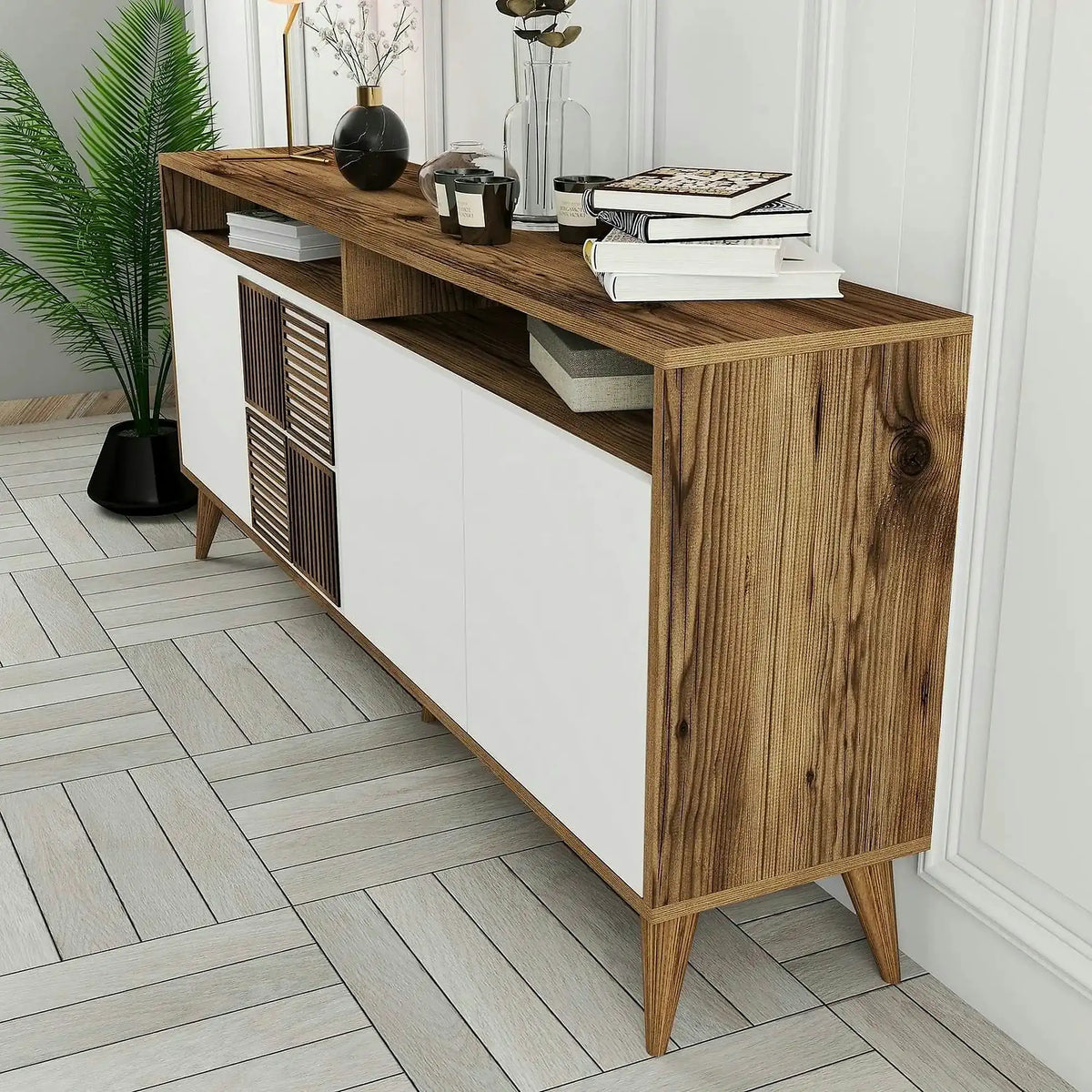 Comoda moderna living Milan, din PAL melaminat, alun/alb, 180x35x79 cm