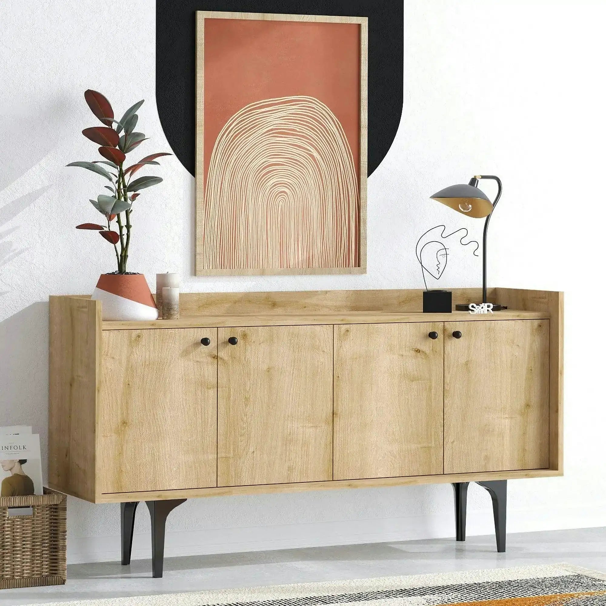 Comoda NAVI, stejar/negru, PAL melaminat/metal, 150x40x80 cm