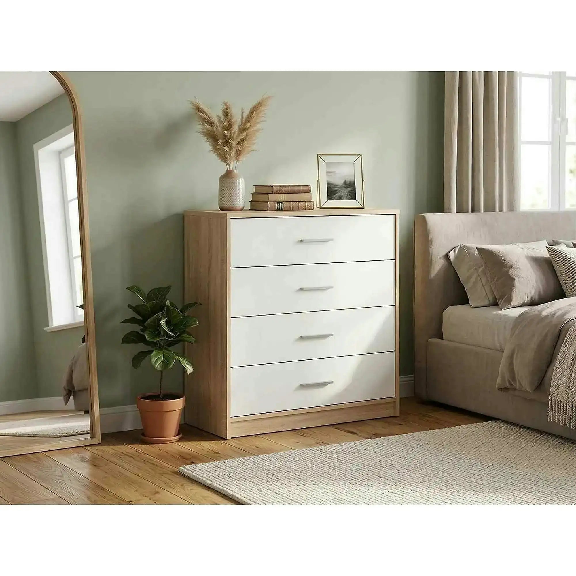 Comoda NEPO PLUS, alb/stejar sonoma, PAL laminat, 80x34x84 cm