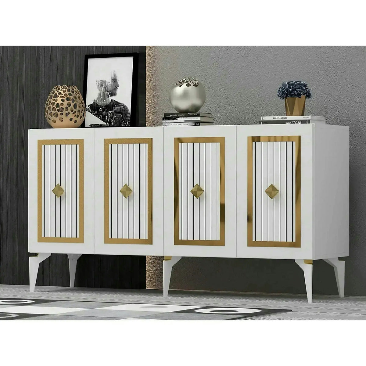 Comoda NORA, alb/auriu, PAL melaminat, 150x40x79 cm