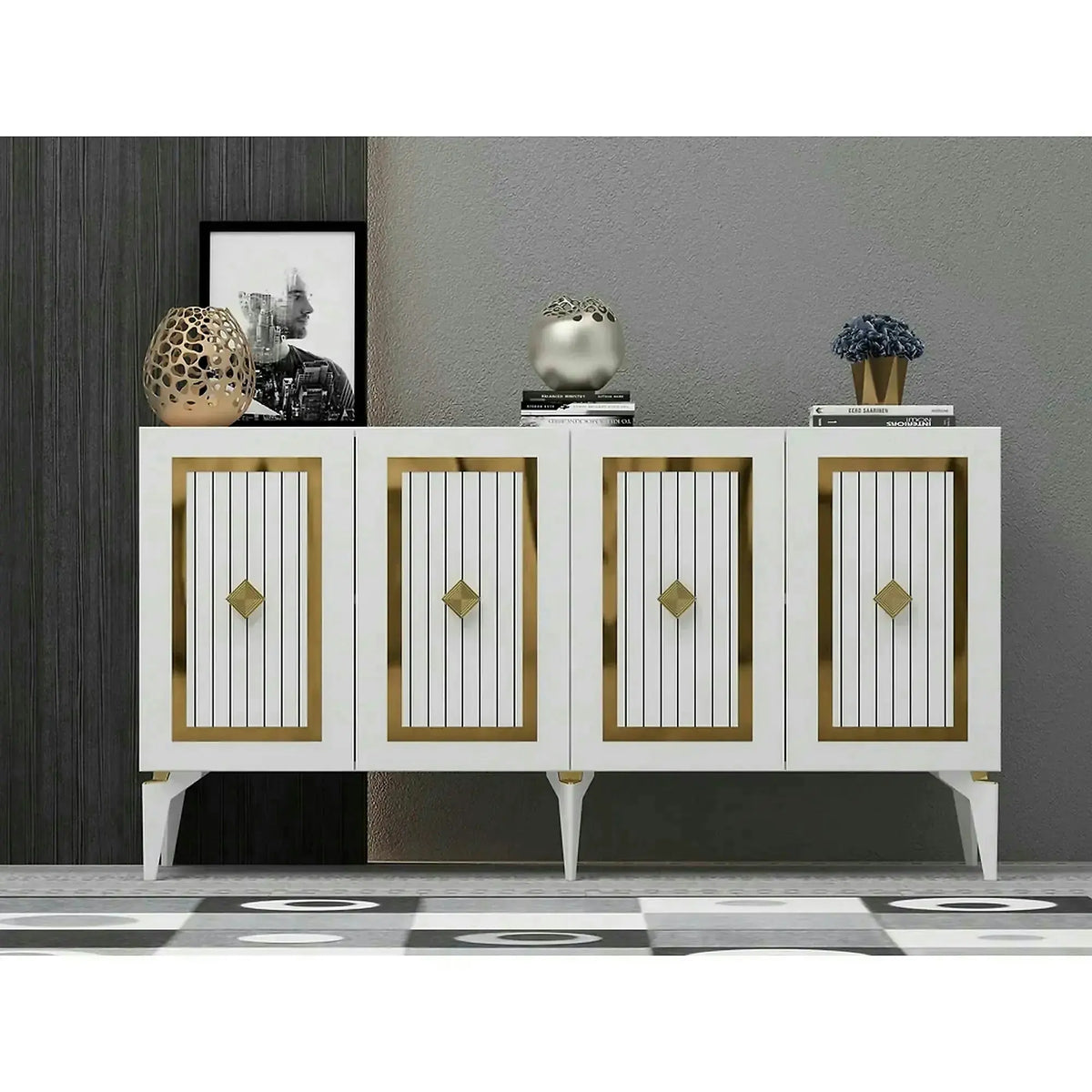 Comoda NORA, alb/auriu, PAL melaminat, 150x40x79 cm
