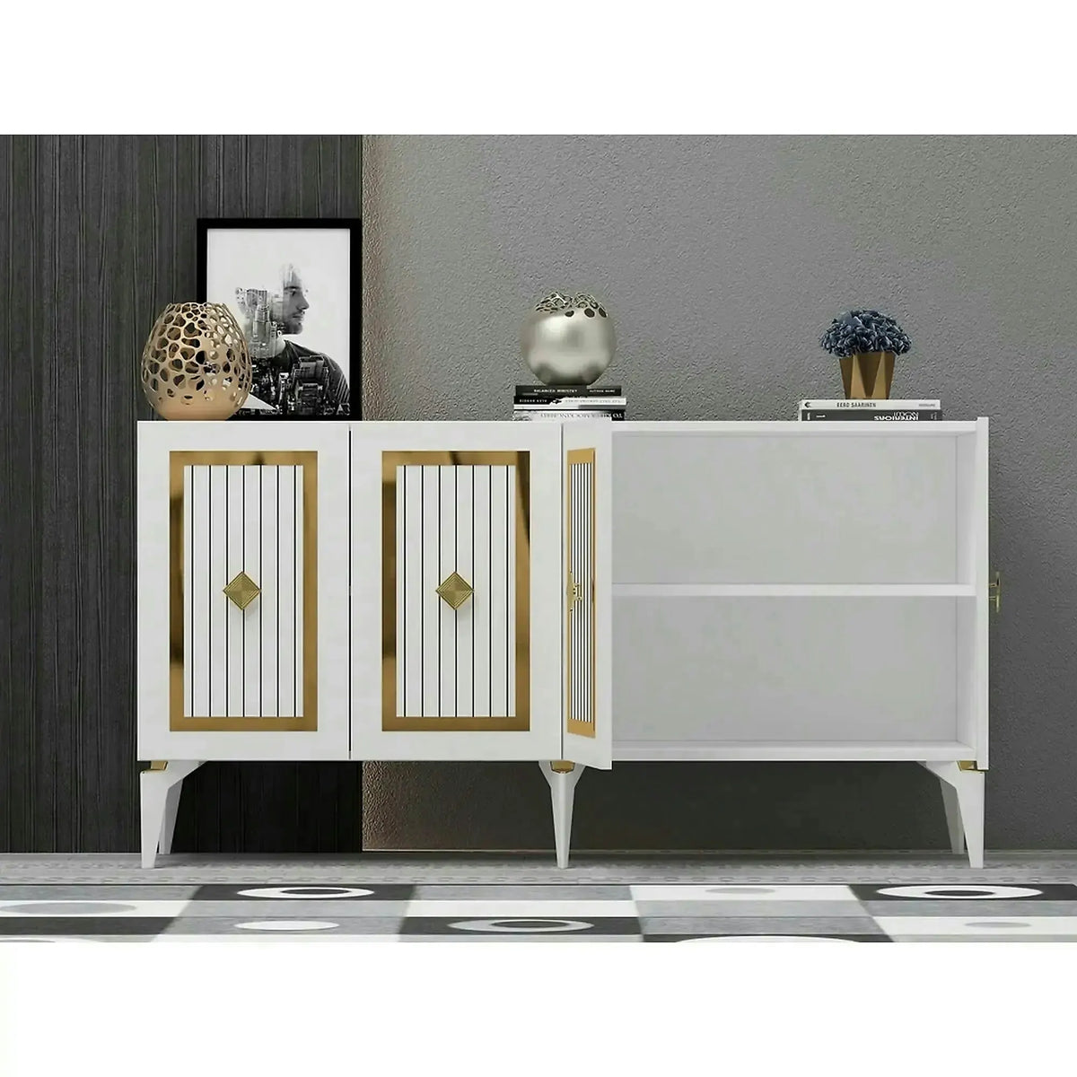 Comoda NORA, alb/auriu, PAL melaminat, 150x40x79 cm
