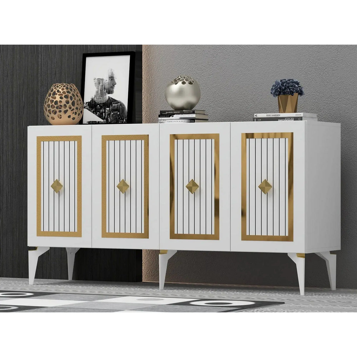 Comoda NORA, alb/auriu, PAL melaminat, 150x40x79 cm