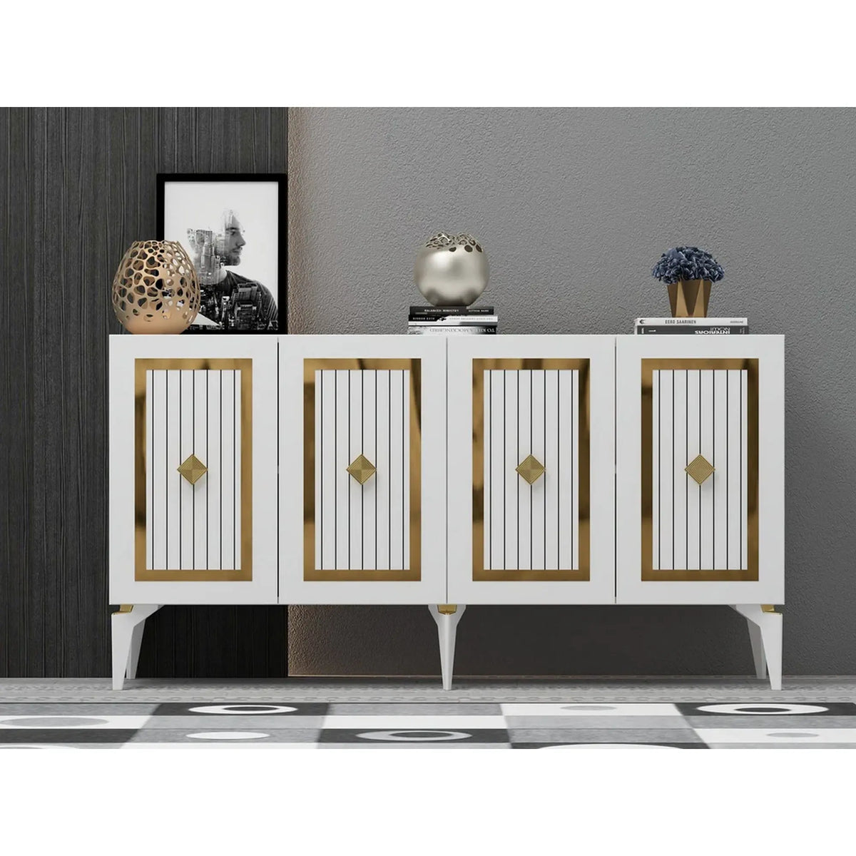 Comoda NORA, alb/auriu, PAL melaminat, 150x40x79 cm