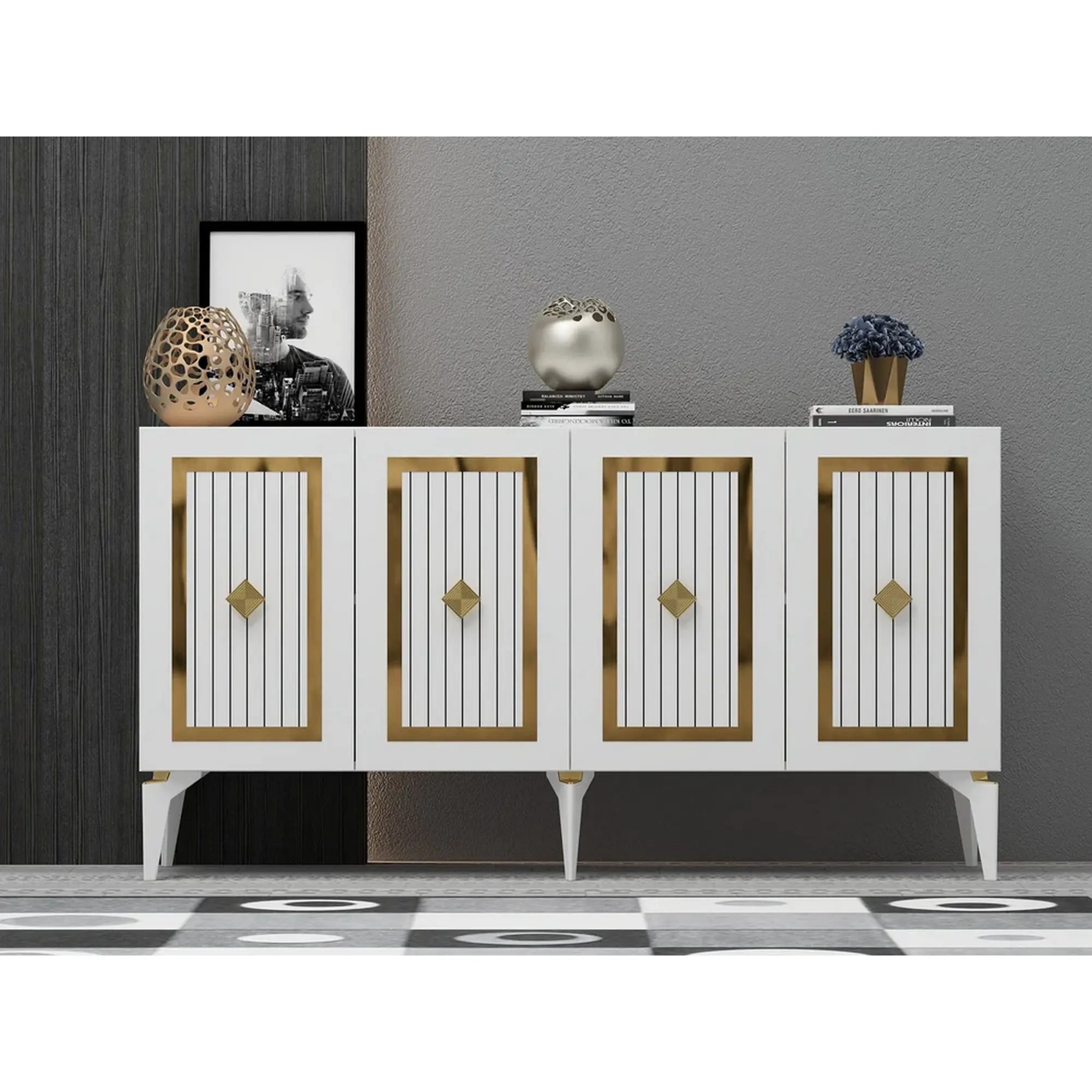 Comoda NORA, alb/auriu, PAL melaminat, 150x40x79 cm