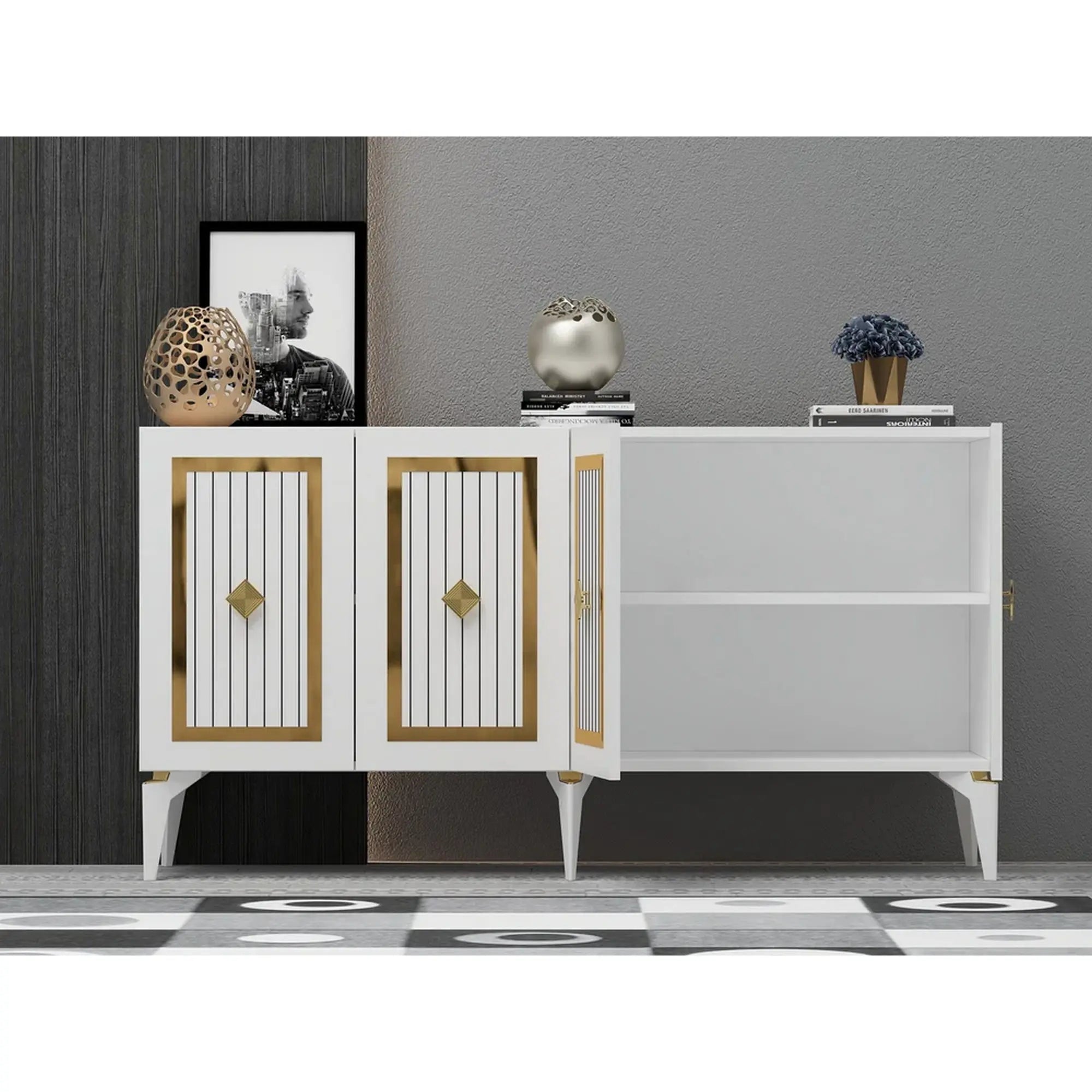 Comoda NORA, alb/auriu, PAL melaminat, 150x40x79 cm