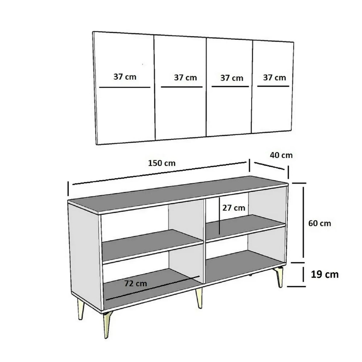 Comoda NORA, alb/auriu, PAL melaminat, 150x40x79 cm