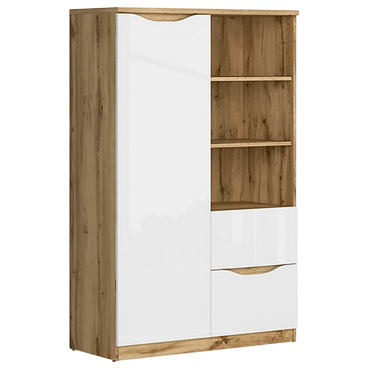 Comoda NUIS, stejar/alb lucios, 90x40x148 cm