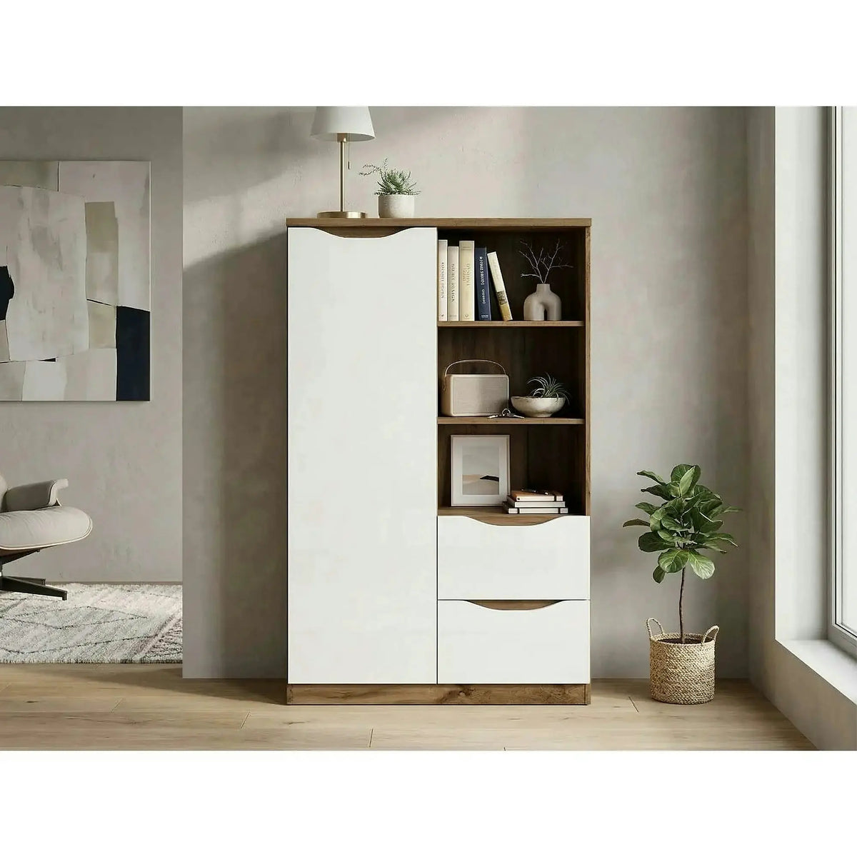 Comoda NUIS, stejar/alb lucios, 90x40x141 cm