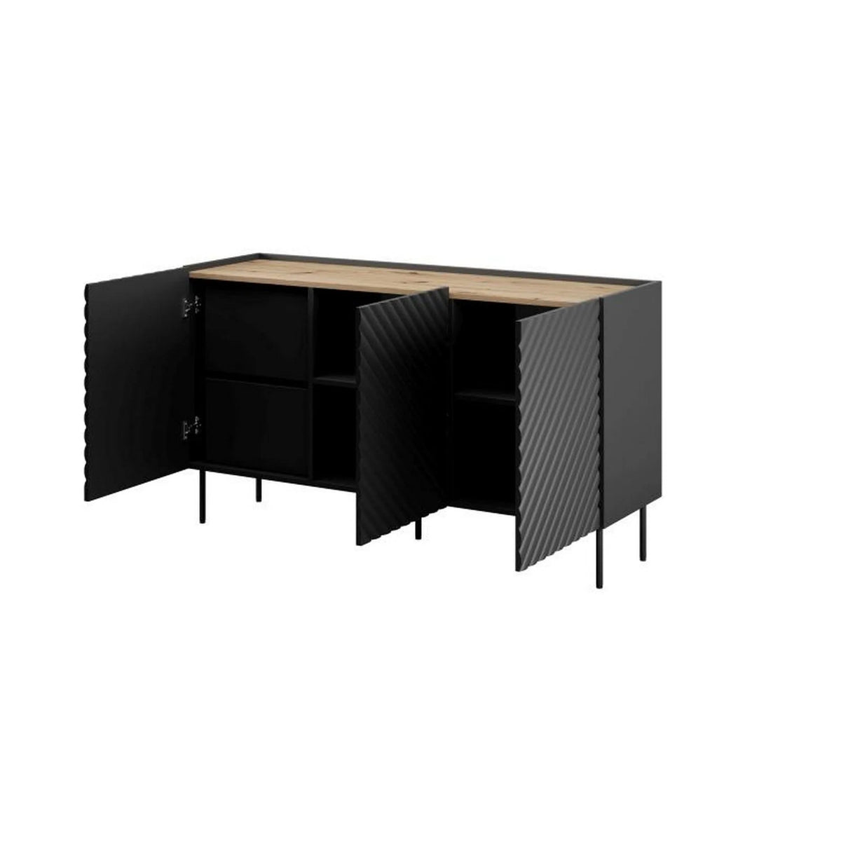 Comoda ONDA, negru/stejar, PAL laminat, 150x45x85 cm