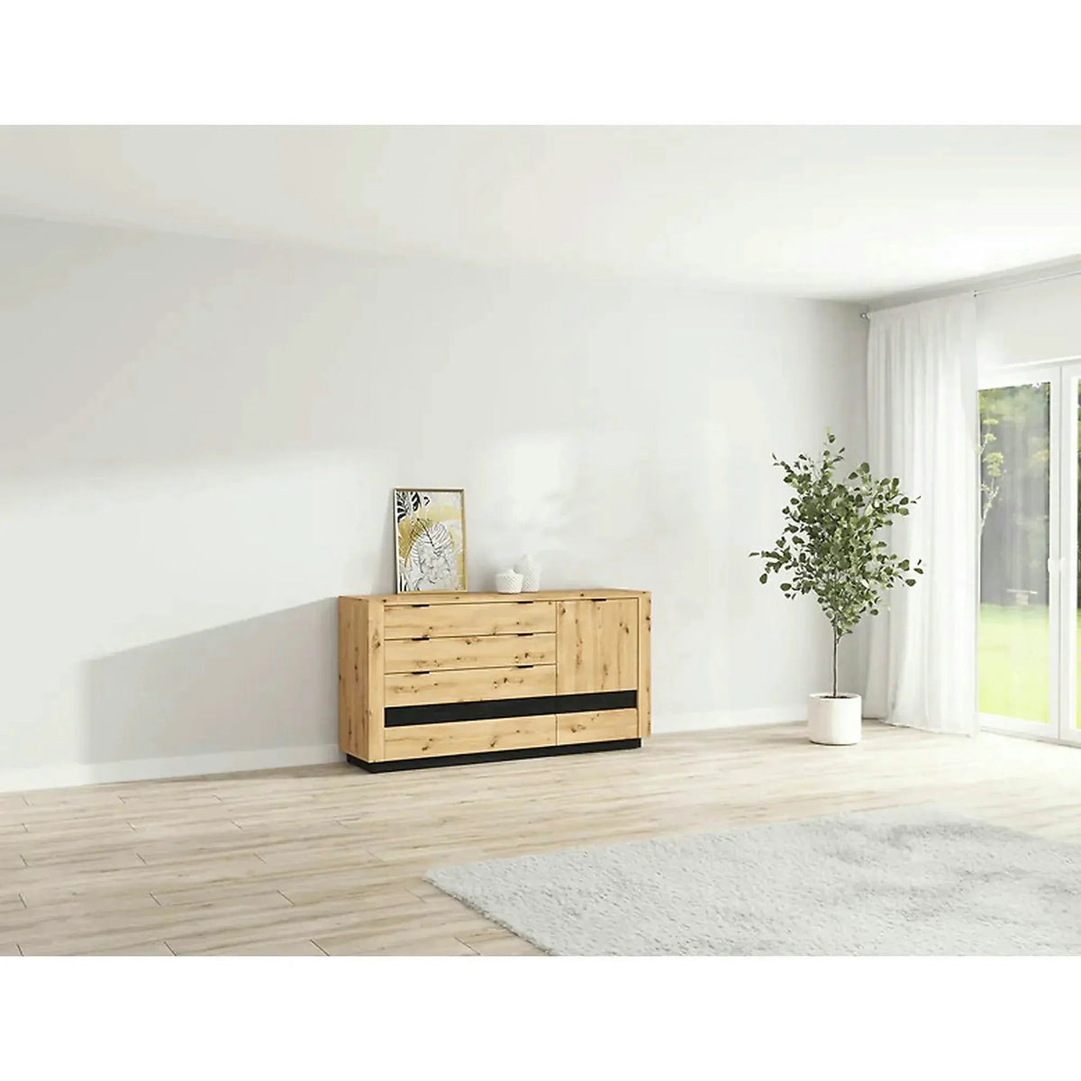 Comoda OSTIA, stejar artisan/negru, PAL, 161x42x85 cm
