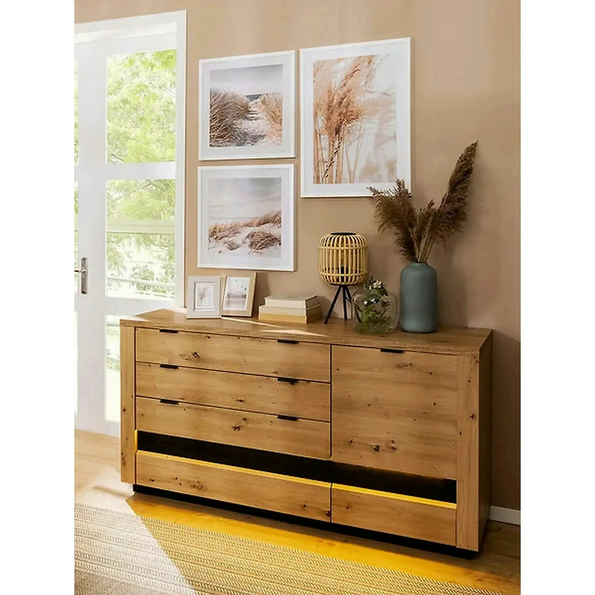 Comoda OSTIA, stejar artisan/negru, PAL, 161x42x85 cm