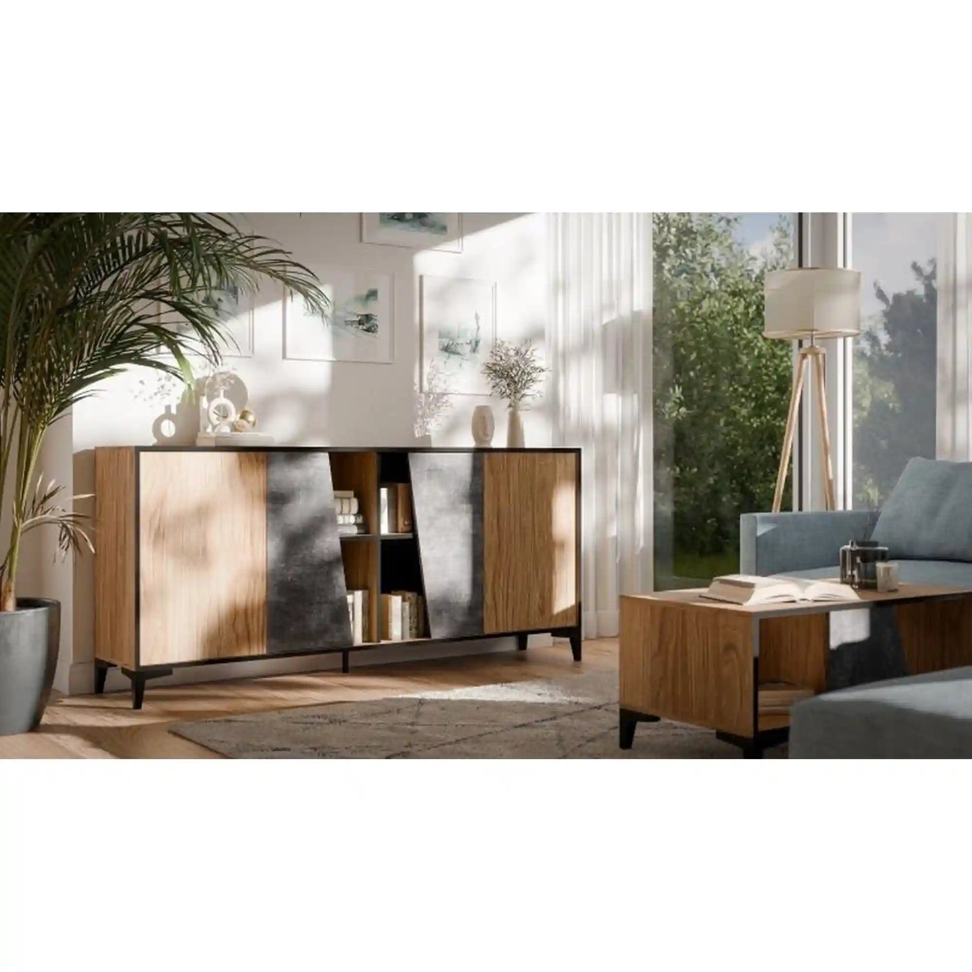 Comoda OVO, stejar/gri beton, PAL laminat, 180x38x83 cm