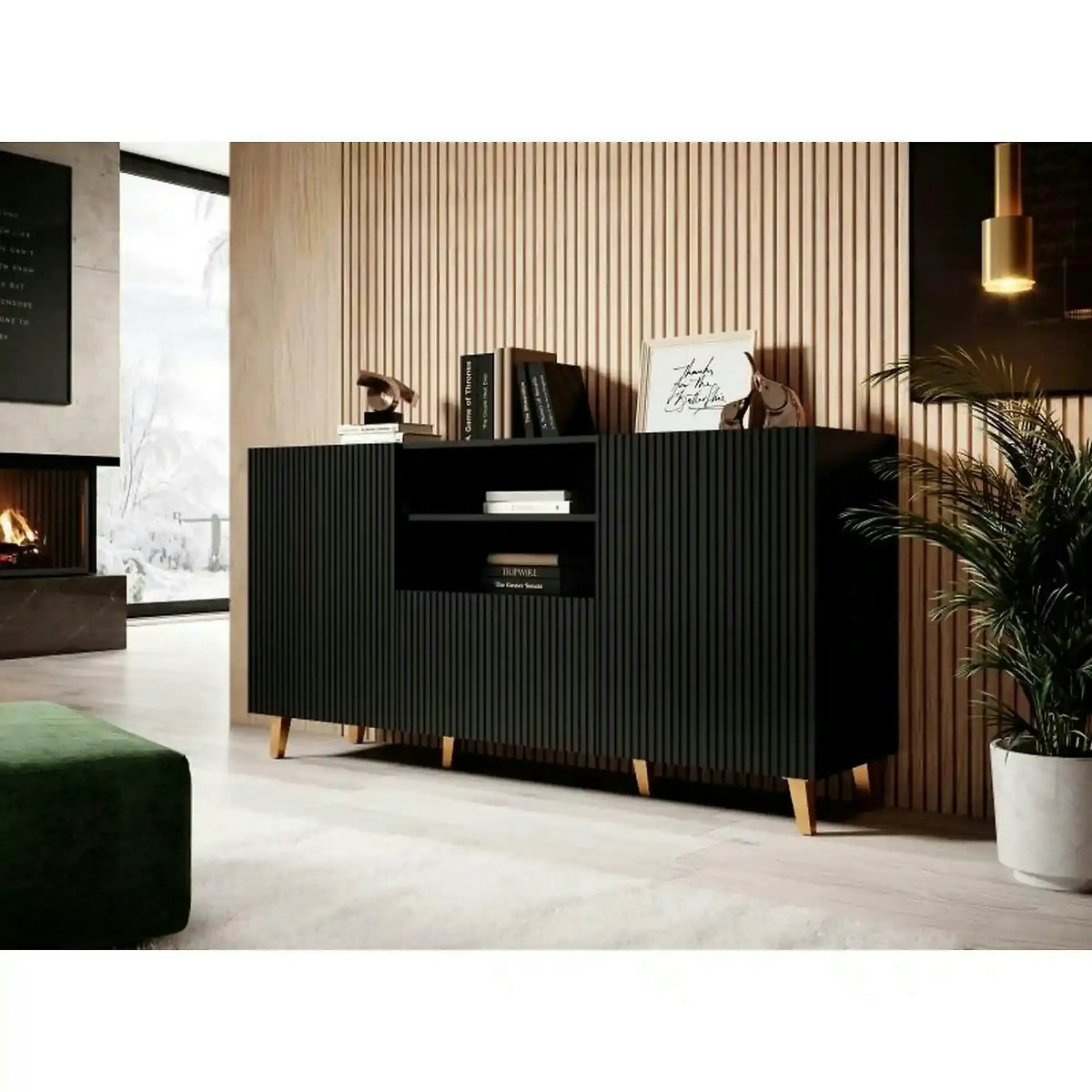Comoda PAFOS, negru, PAL laminat, 150x40x82 cm