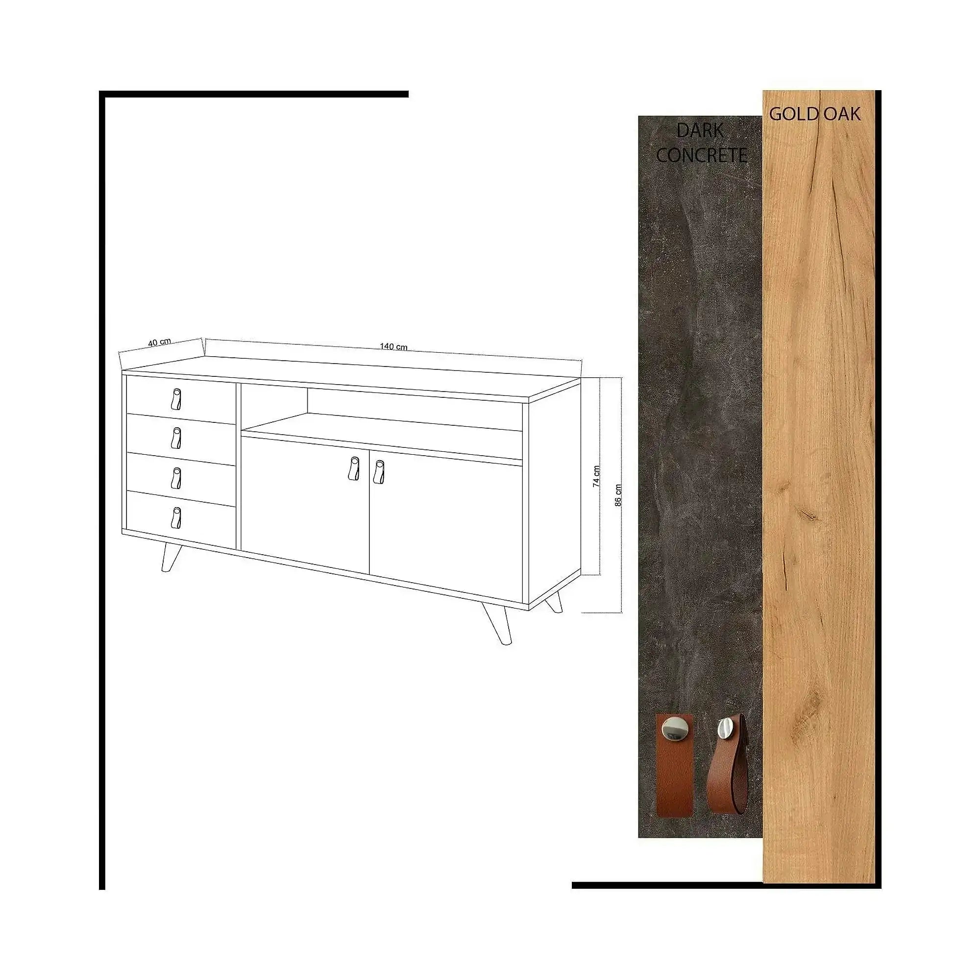 Comoda Pagina, stejar/gri ciment inchis, PAL melaminat, 140x40x86 cm