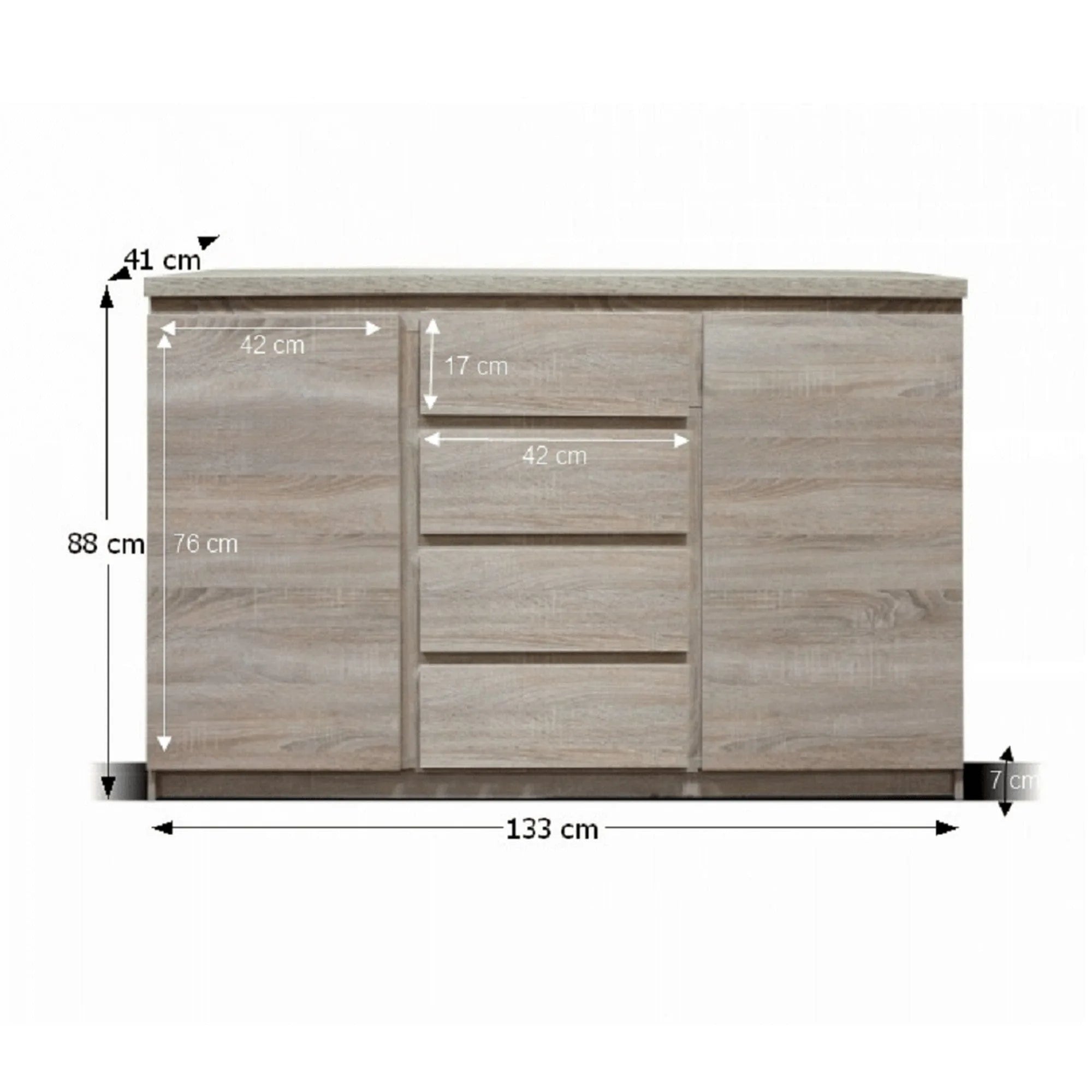 Comoda PANAMA TYP 08, cu 2 usi si 4 sertare, PAL, stejar sonoma, 133x41x88 cm