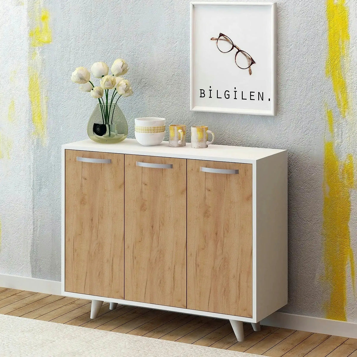 Comoda Piffa, stejar/alb, PAL melaminat, 100x35x82 cm