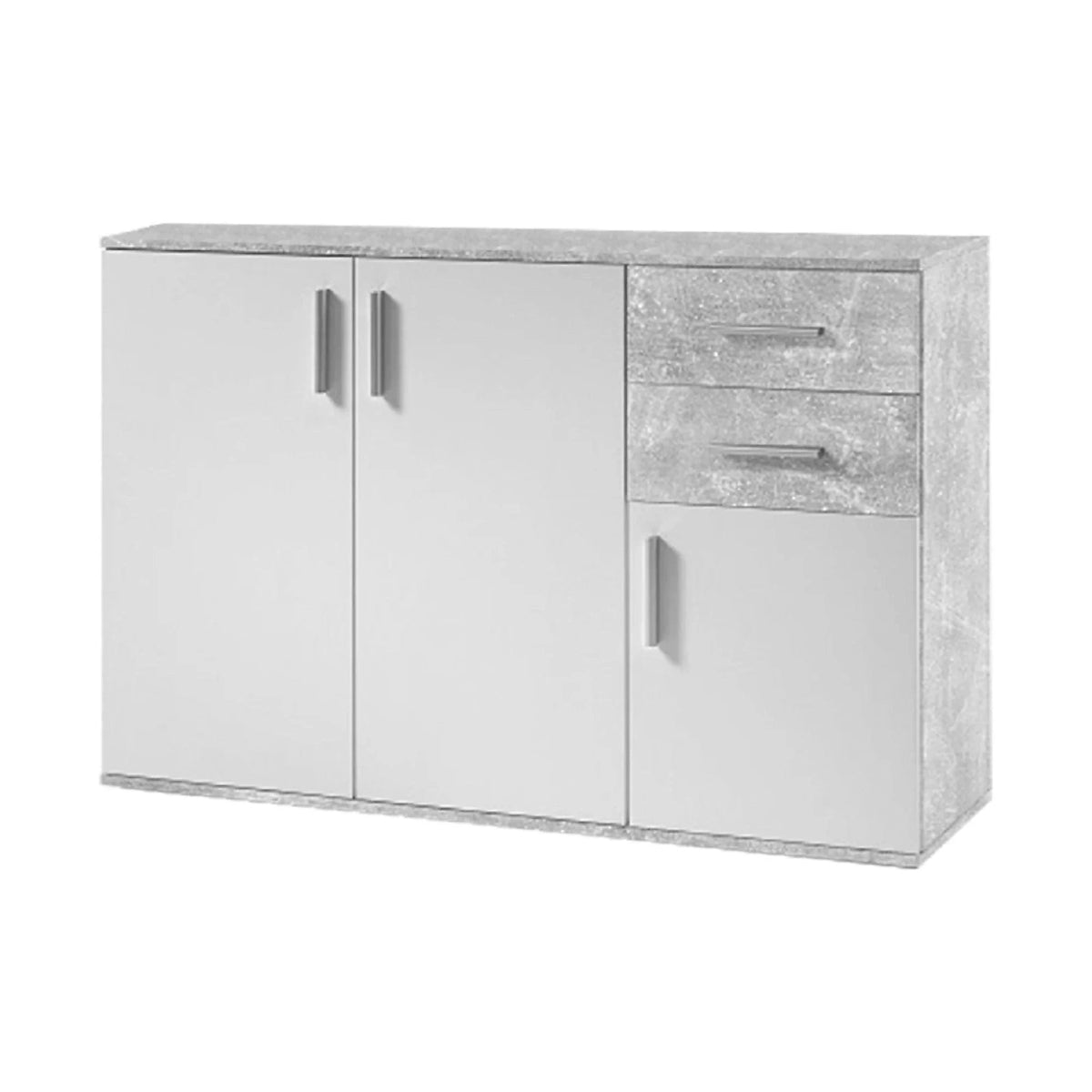 Comoda POPPY 2, alb/gri ciment, PAL melaminat, 120x35x82 cm