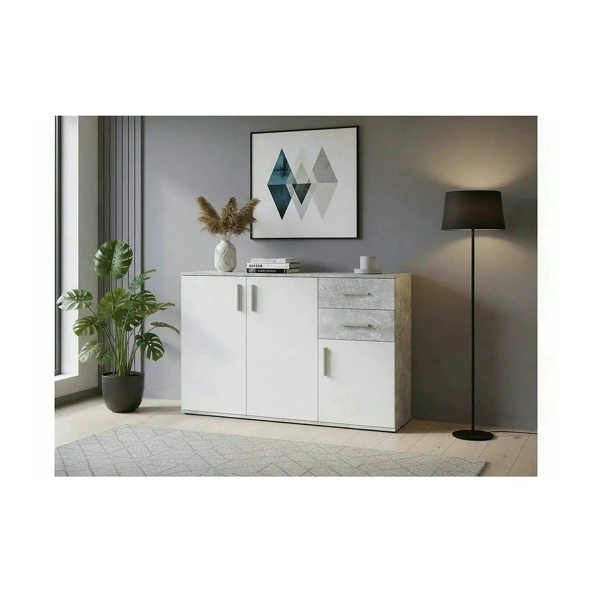 Comoda POPPY 2, alb/gri ciment, PAL melaminat, 120x35x82 cm