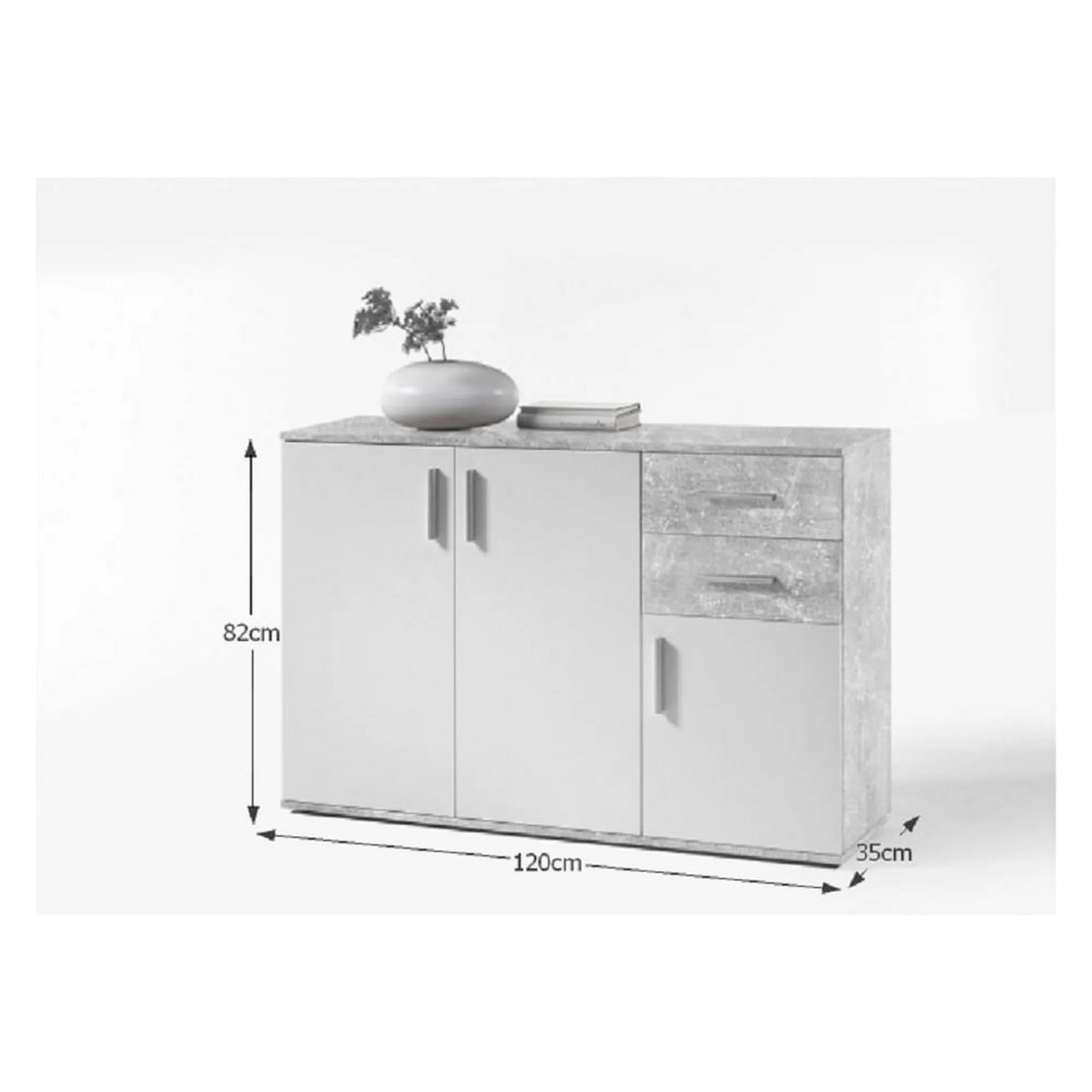 Comoda POPPY 2, alb/gri ciment, PAL melaminat, 120x35x82 cm