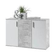Comoda POPPY 5, alb/gri ciment, PAL melaminat, 120x35x82 cm
