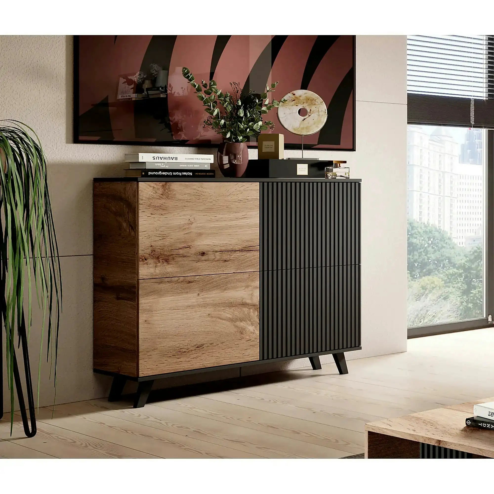 Comoda RANDOM KM-2, stejar wotan/negru, PAL furniruit, 100x40x95 cm