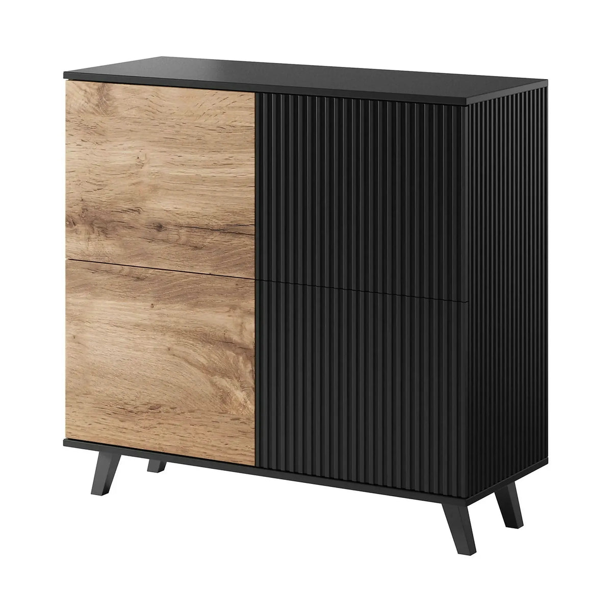 Comoda RANDOM KM-2, stejar wotan/negru, PAL furniruit, 100x40x95 cm
