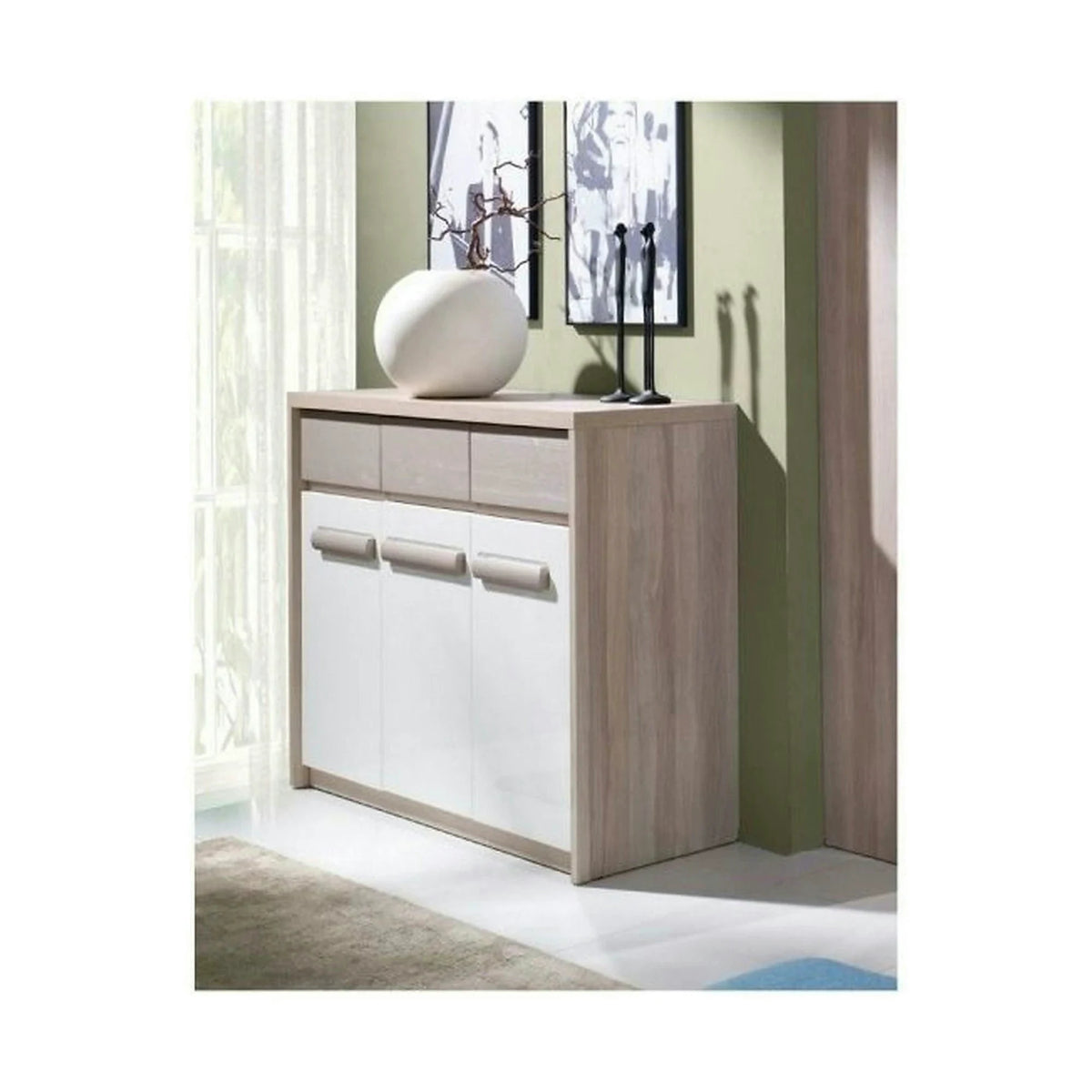 Comoda ROMA 12, stejar Ferrara/alb lucios/gri mat, PAL/PVC, 135x43x104 cm