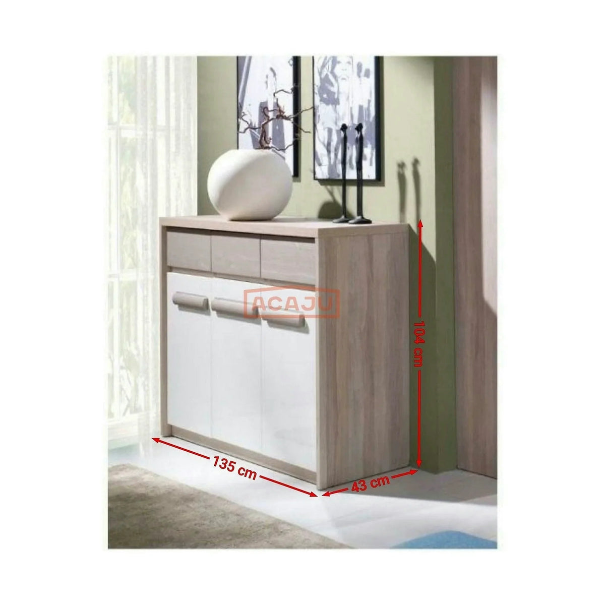 Comoda ROMA 12, stejar Ferrara/alb lucios/gri mat, PAL/PVC, 135x43x104 cm