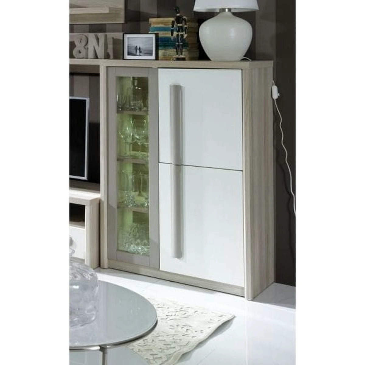 Comoda ROMA 2A, alb/stejar, PAL/PVC/sticla, 90x43x130 cm