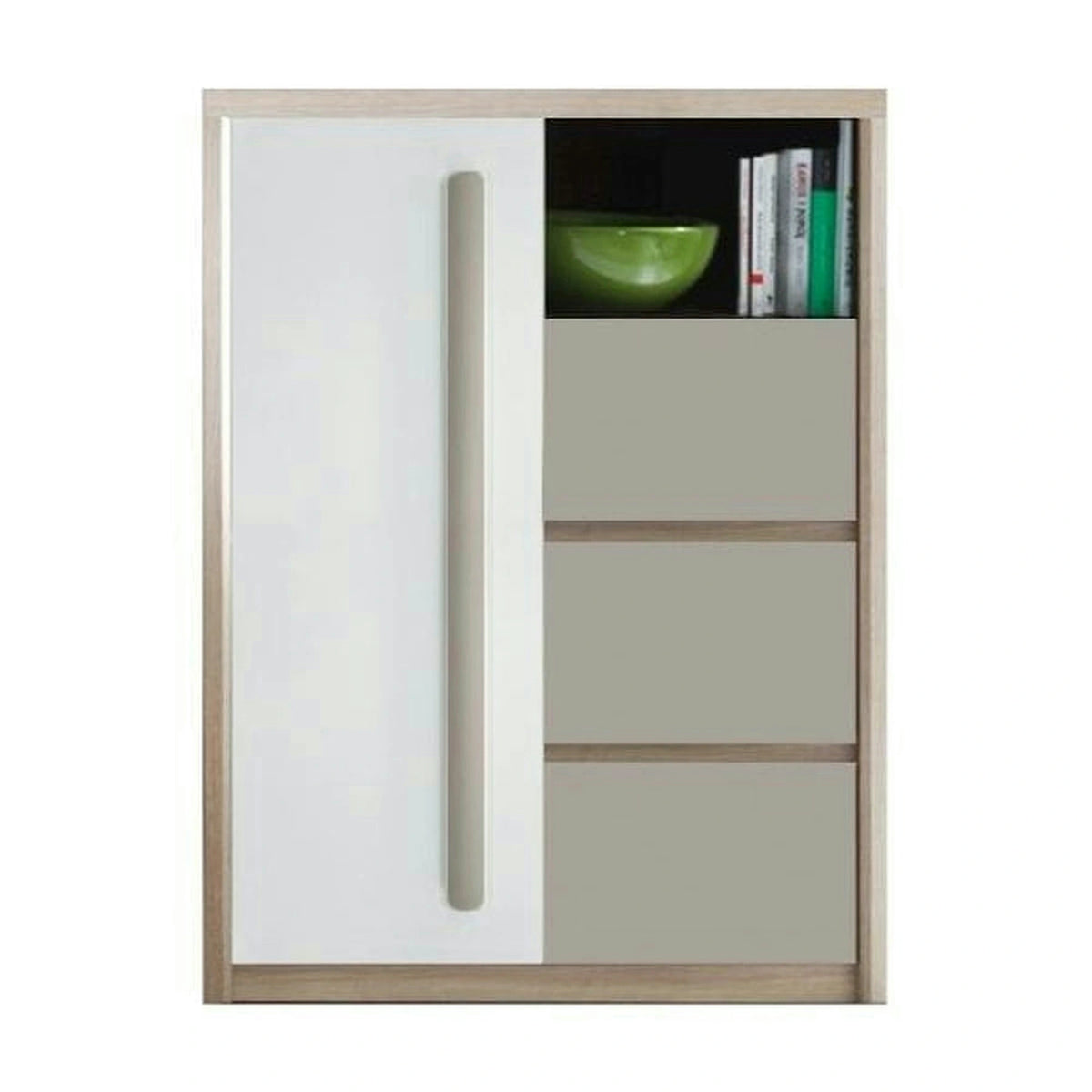 Comoda ROMA 8, stejar Ferrara/alb lucios/gri mat, PAL/PVC, 90x43x117 cm