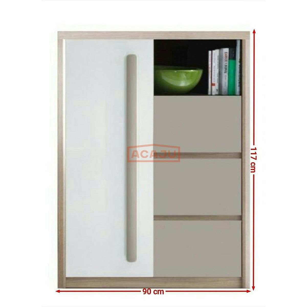 Comoda ROMA 8, stejar Ferrara/alb lucios/gri mat, PAL/PVC, 90x43x117 cm
