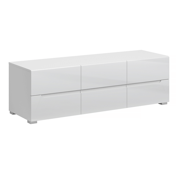 Comoda RTV JOLK, alb/alb lucios, DTD laminat, 140x45x43 cm