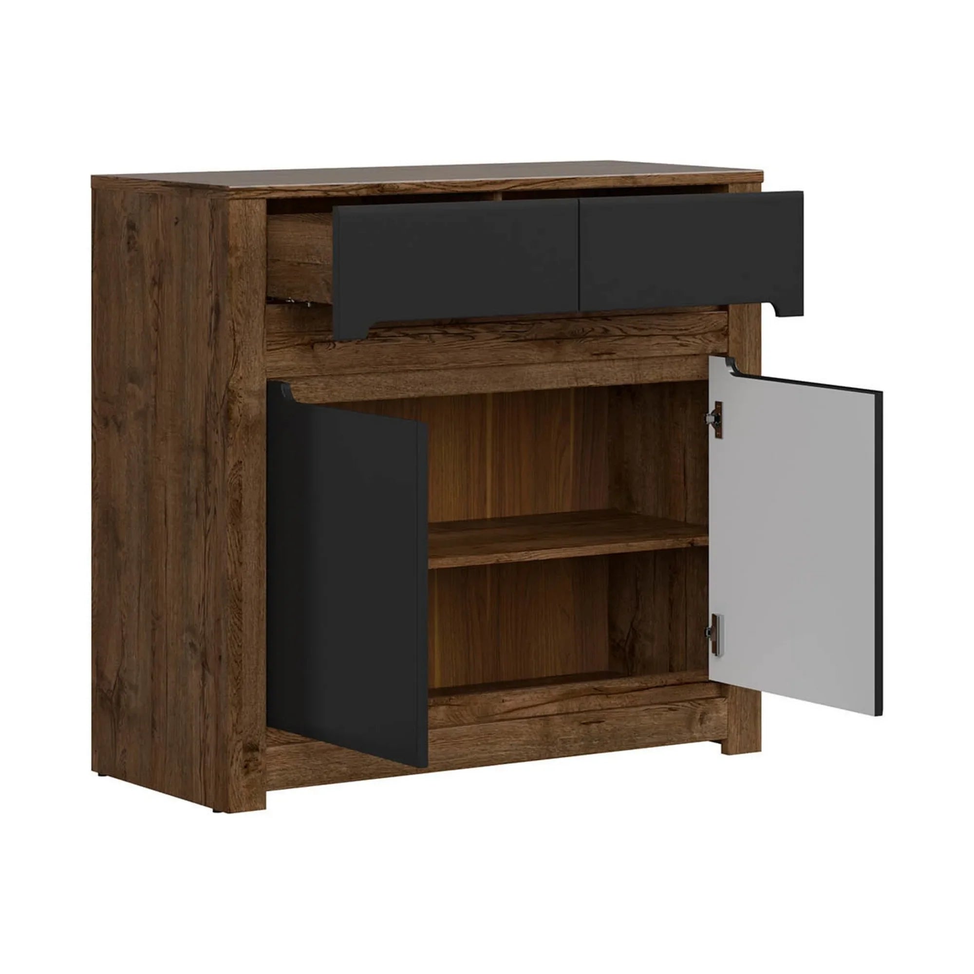 Comoda RUSO, stejar/negru mat, PAL laminat, 104x46x99 cm