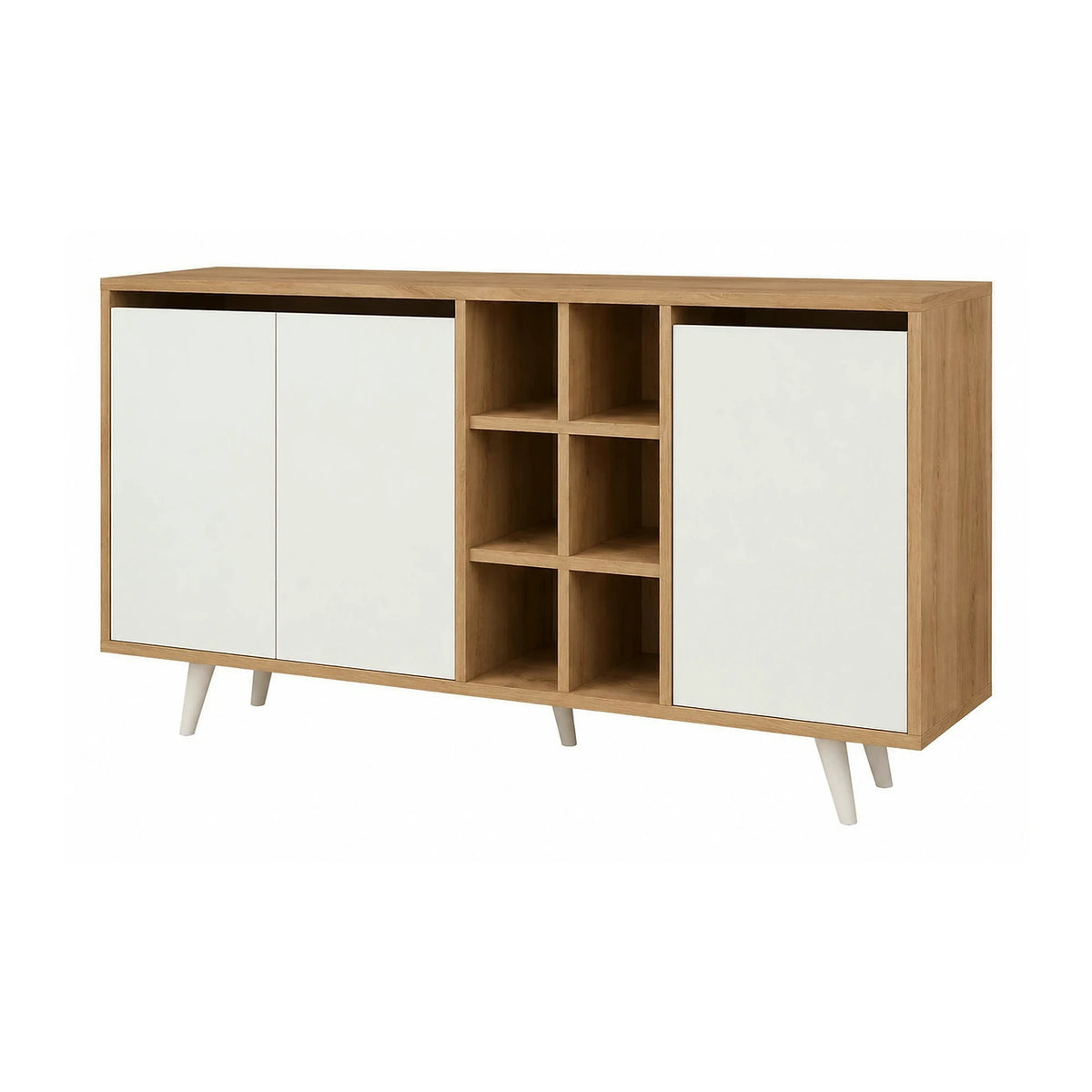 Comoda Seria, PAL melaminat, alb/stejar, 140x40x86 cm
