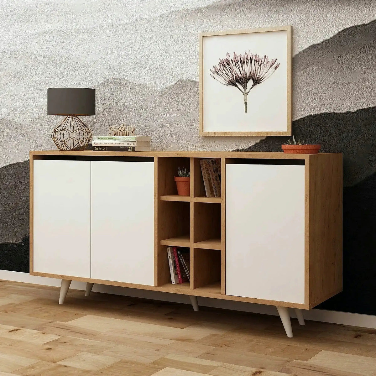 Comoda Seria, PAL melaminat, alb/stejar, 140x40x86 cm
