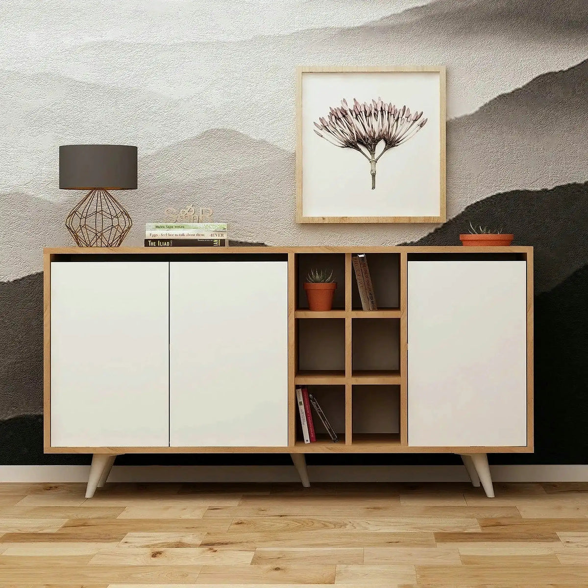 Comoda Seria, PAL melaminat, alb/stejar, 140x40x86 cm
