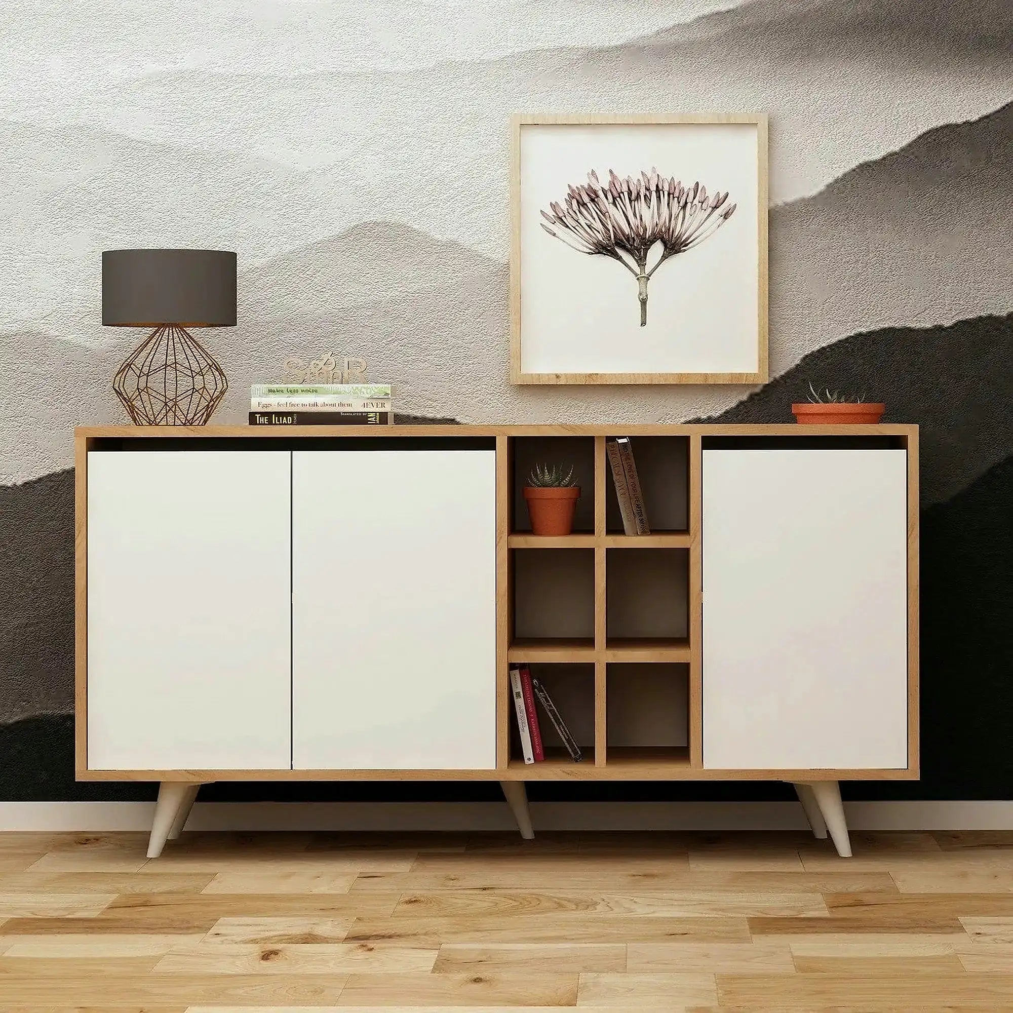 Comoda Seria, PAL melaminat, alb/stejar, 140x40x86 cm
