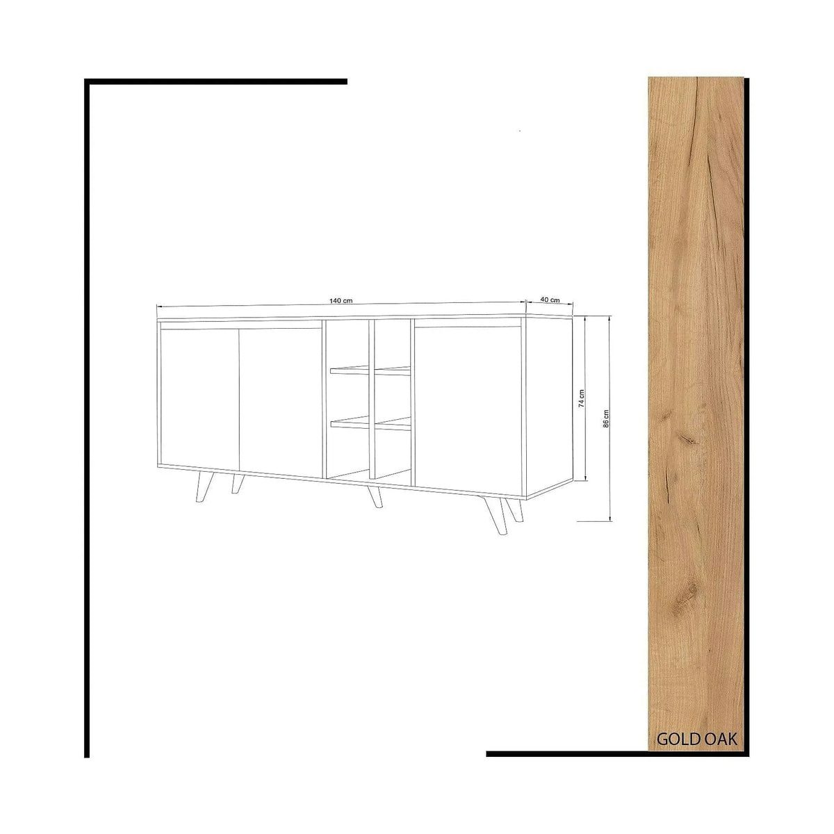 Comoda Seria, PAL melaminat, alb/stejar, 140x40x86 cm