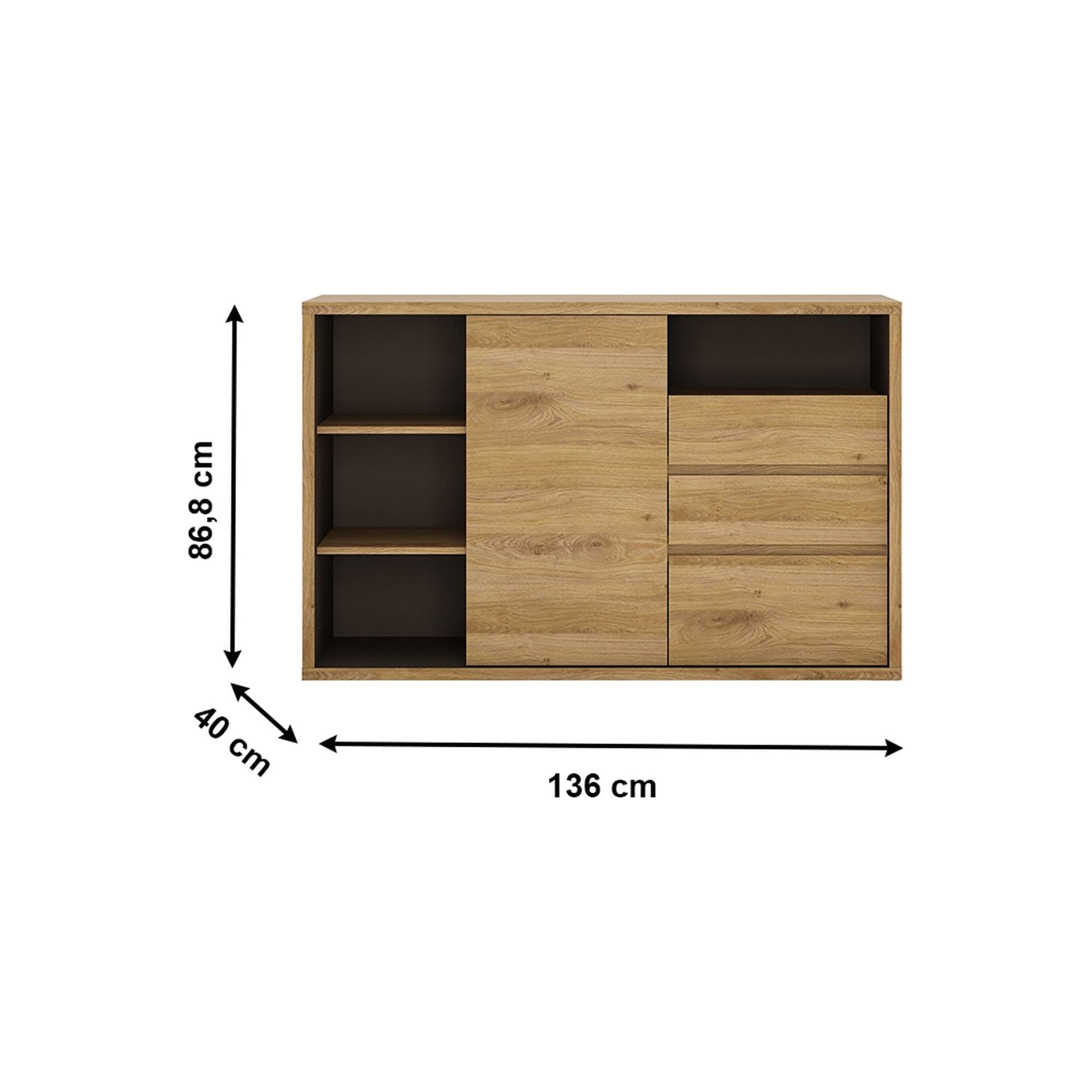 Comoda SHELDON TIP 43, stejar, PAL laminat, 136x40x87 cm