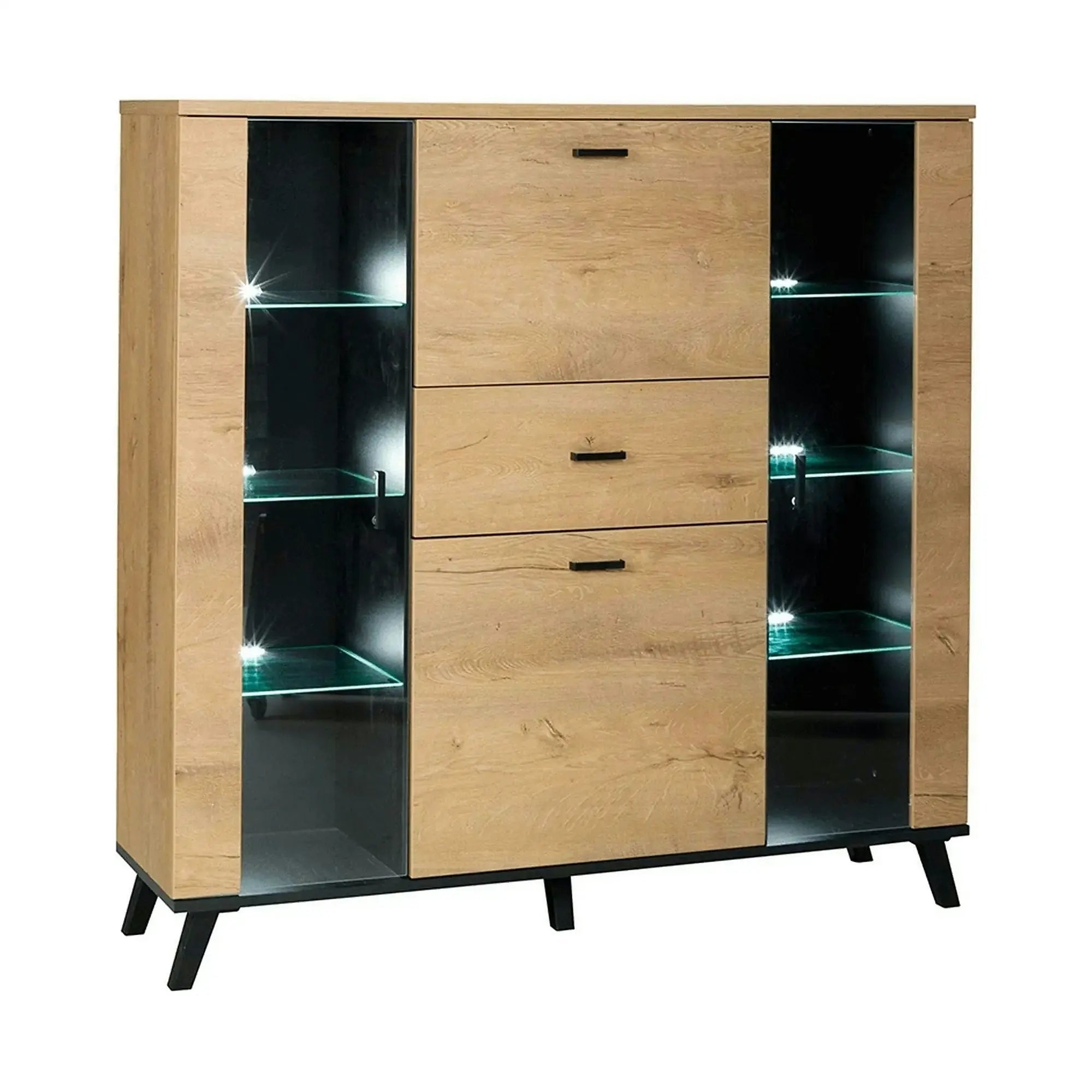 Comoda SIRAN TYP 3, stejar lefkas/negru, DTD laminat/plastic, cu iluminare LED, 131x40x131 cm